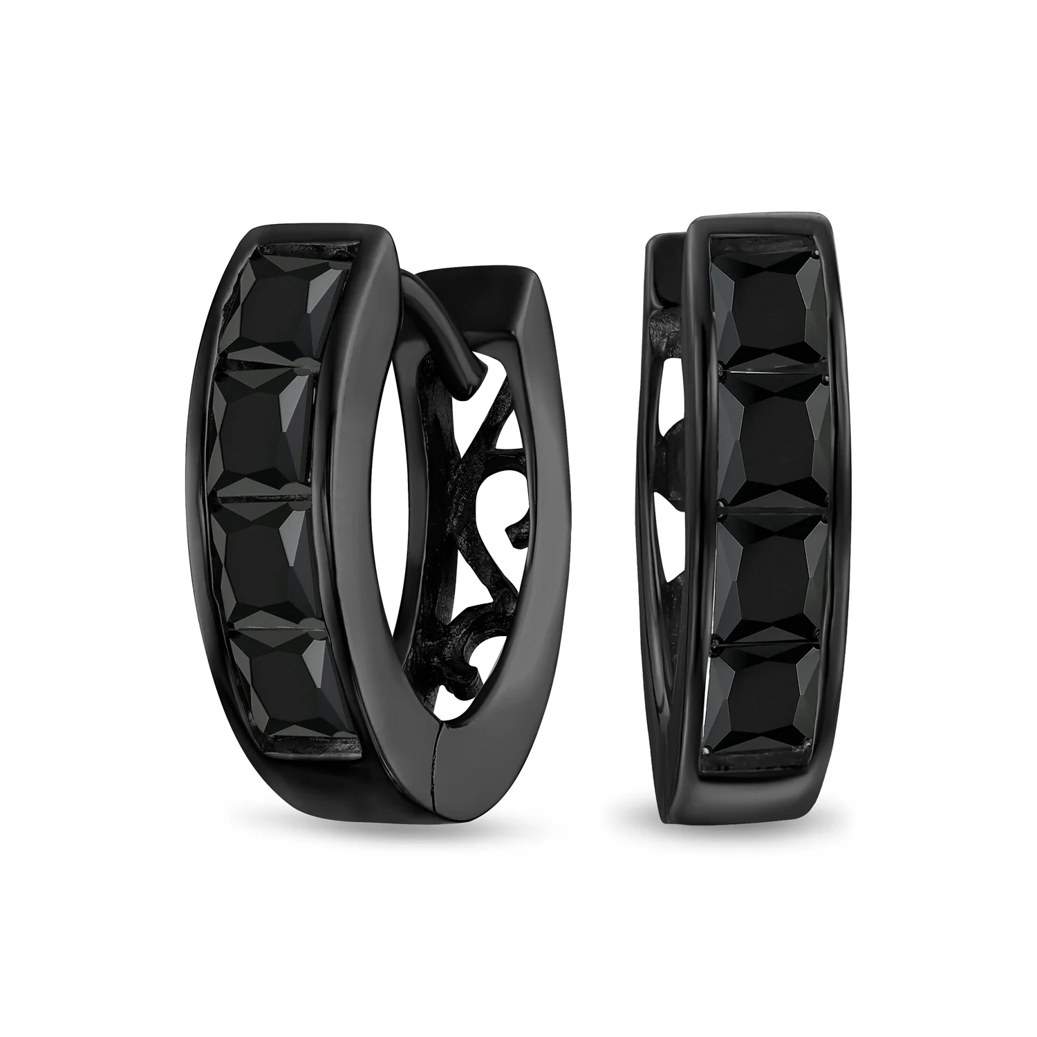 Channel Set CZ Hoop Earrings Black White Huggie Kpop Silver
