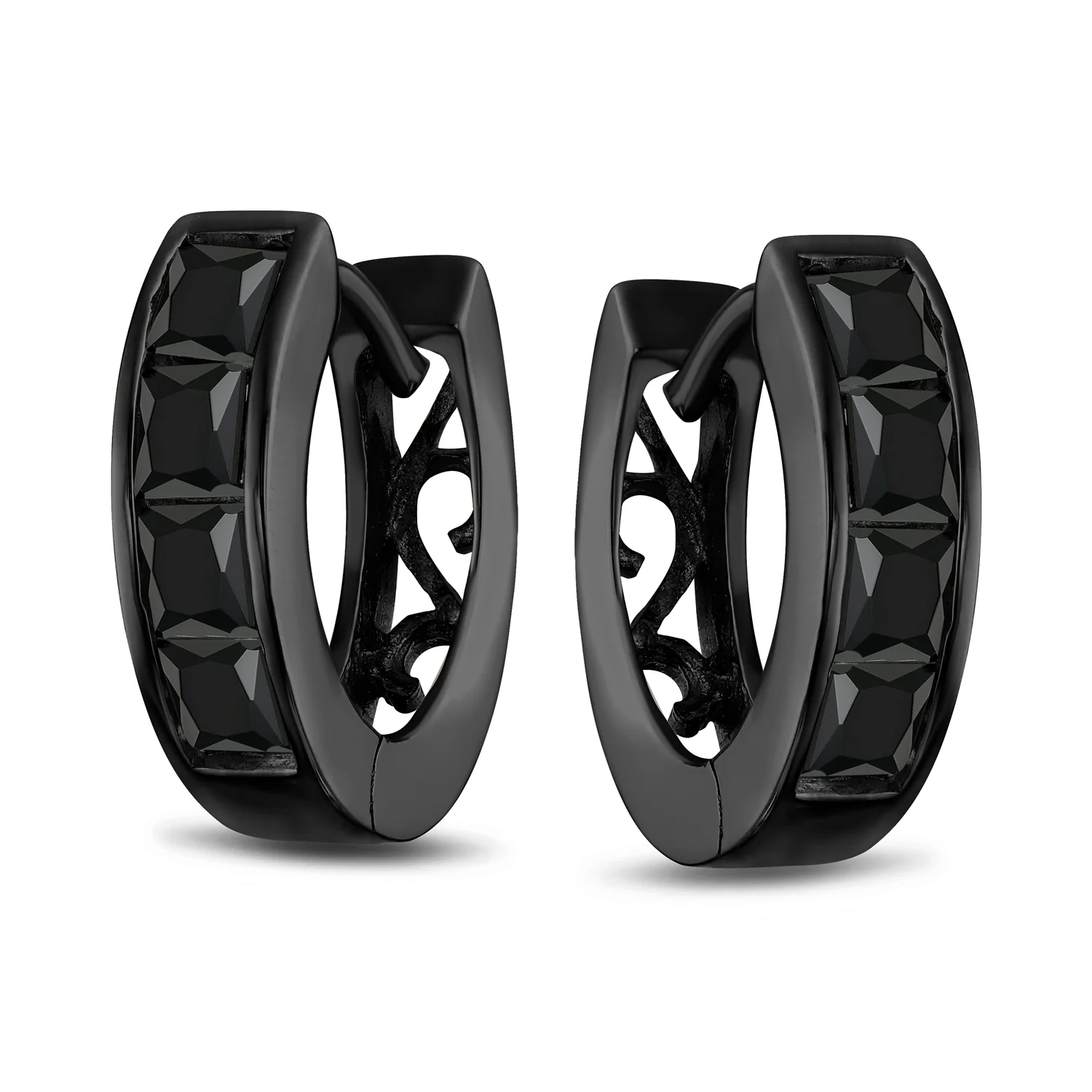 Channel Set CZ Hoop Earrings Black White Huggie Kpop Silver - Image 2
