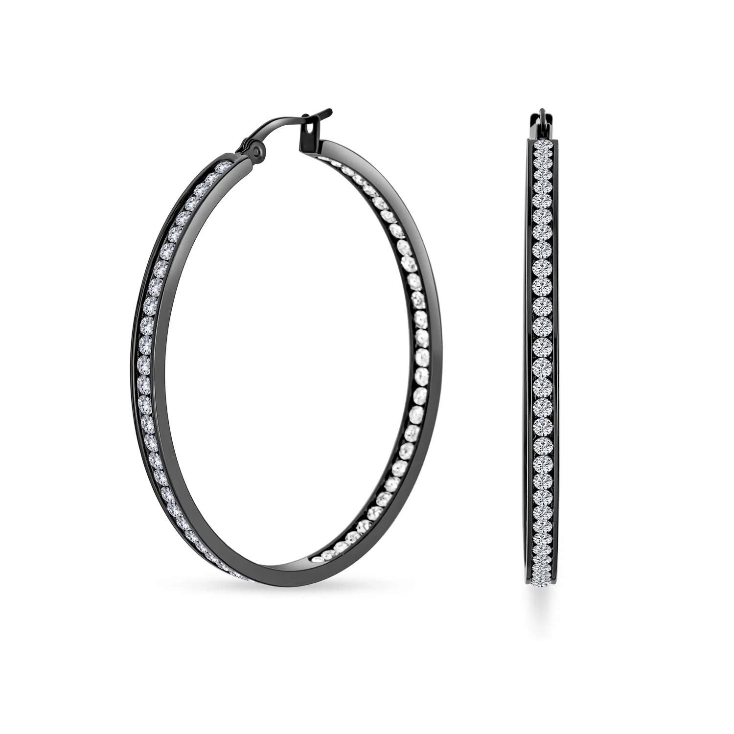 Channel Set Crystal Large Statement Hoop Earrings Stainless Steel 2" Diameter