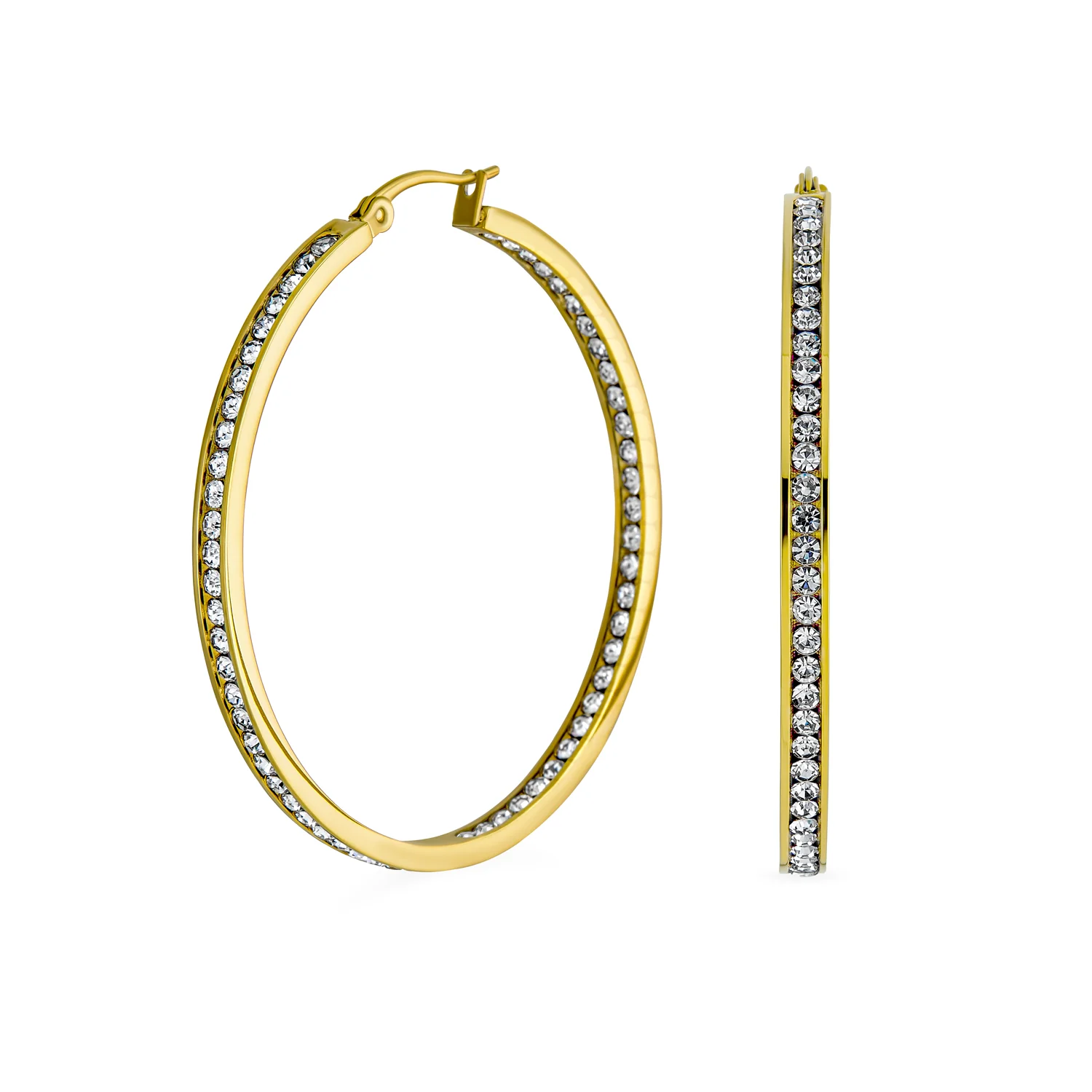 Channel Set Crystal Large Statement Hoop Earrings Stainless Steel 2" Diameter - Image 2