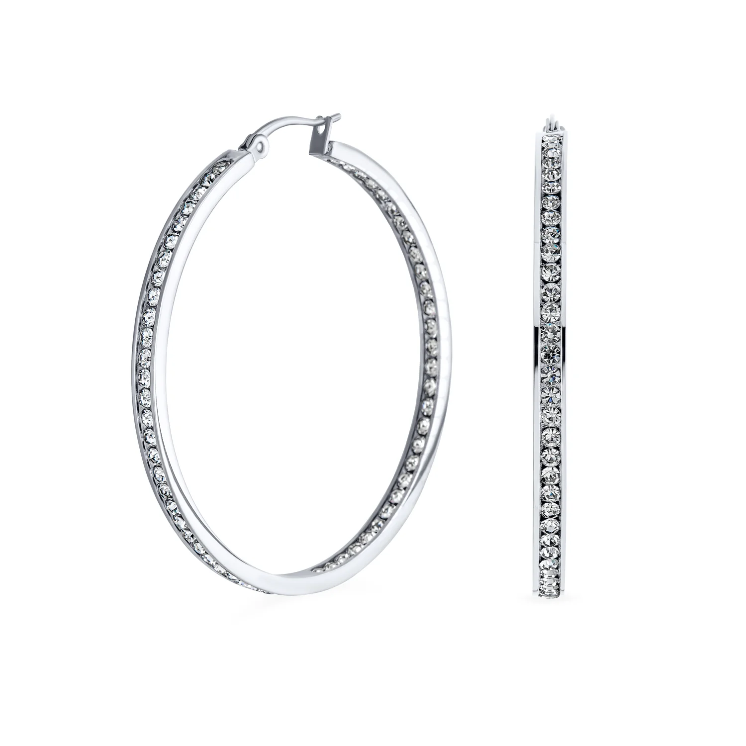 Channel Set Crystal Large Statement Hoop Earrings Stainless Steel 2" Diameter - Image 3