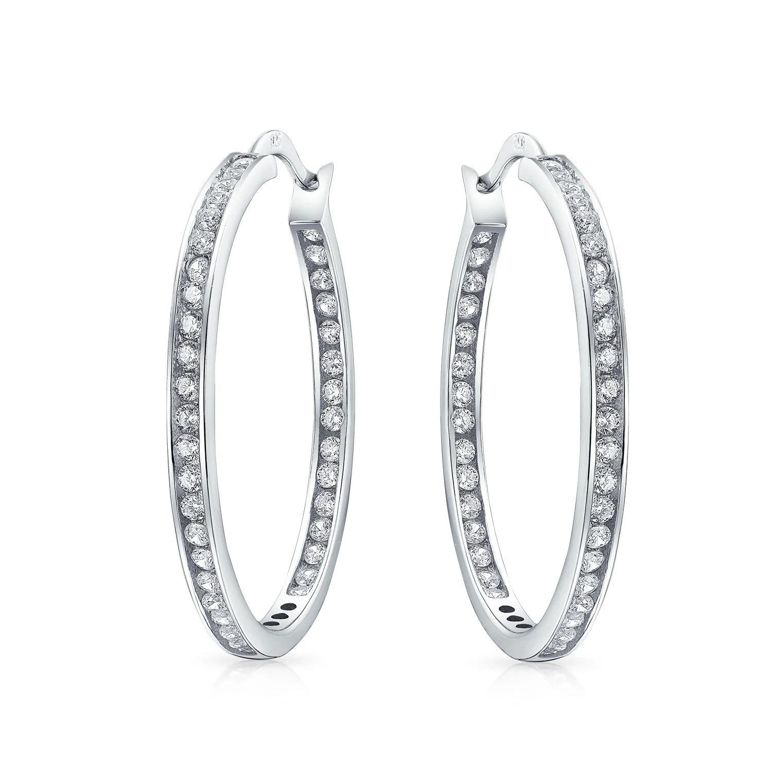 Cubic Zirconia Channel Set In Side Out Statement Big CZ Hoop Earrings .925 Sterling Silver