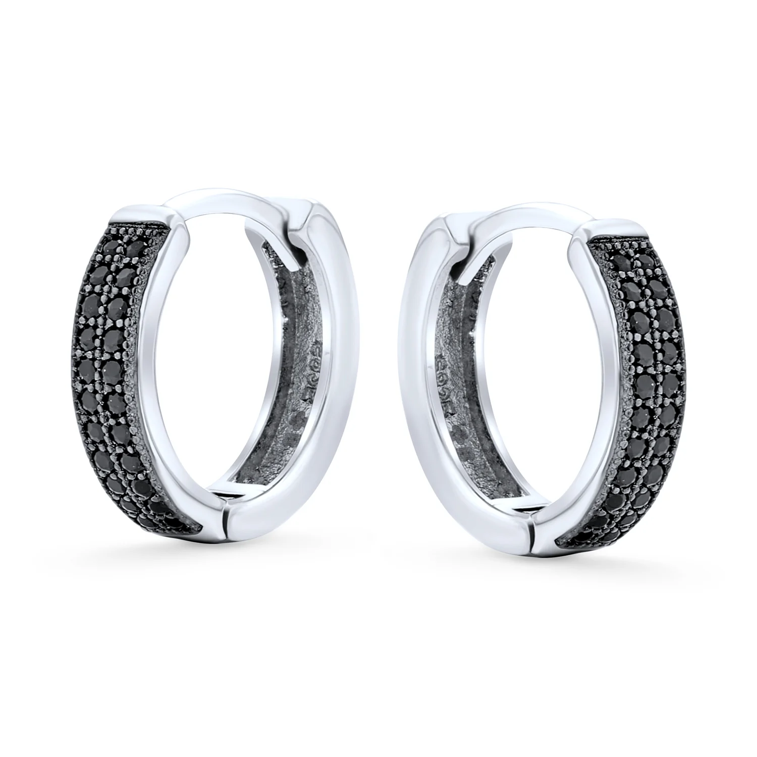 Black Pave CZ Hoop Earrings Slender Huggies Mini Hoop .925 Sterling Silver - Image 4