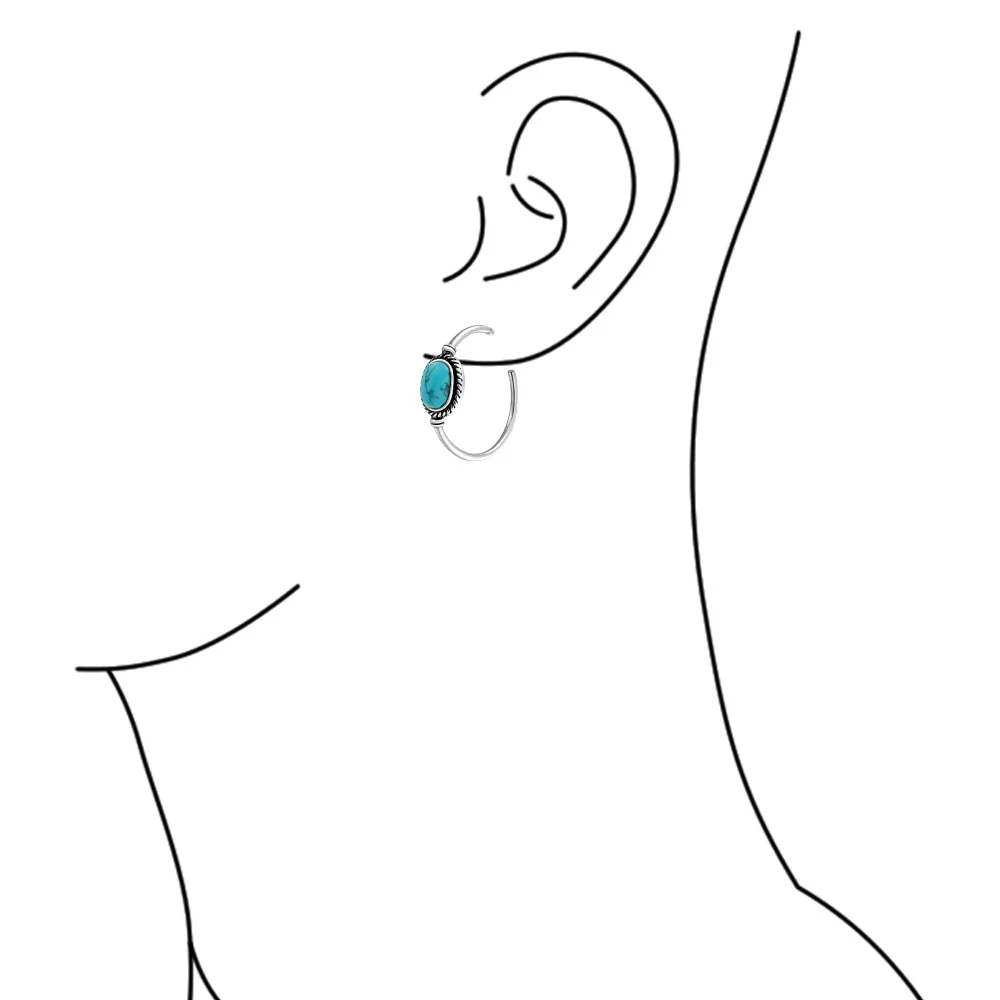 Western Oval Blue Turquoise CZ Hoop Earrings Silver 1.25Inch - Image 3