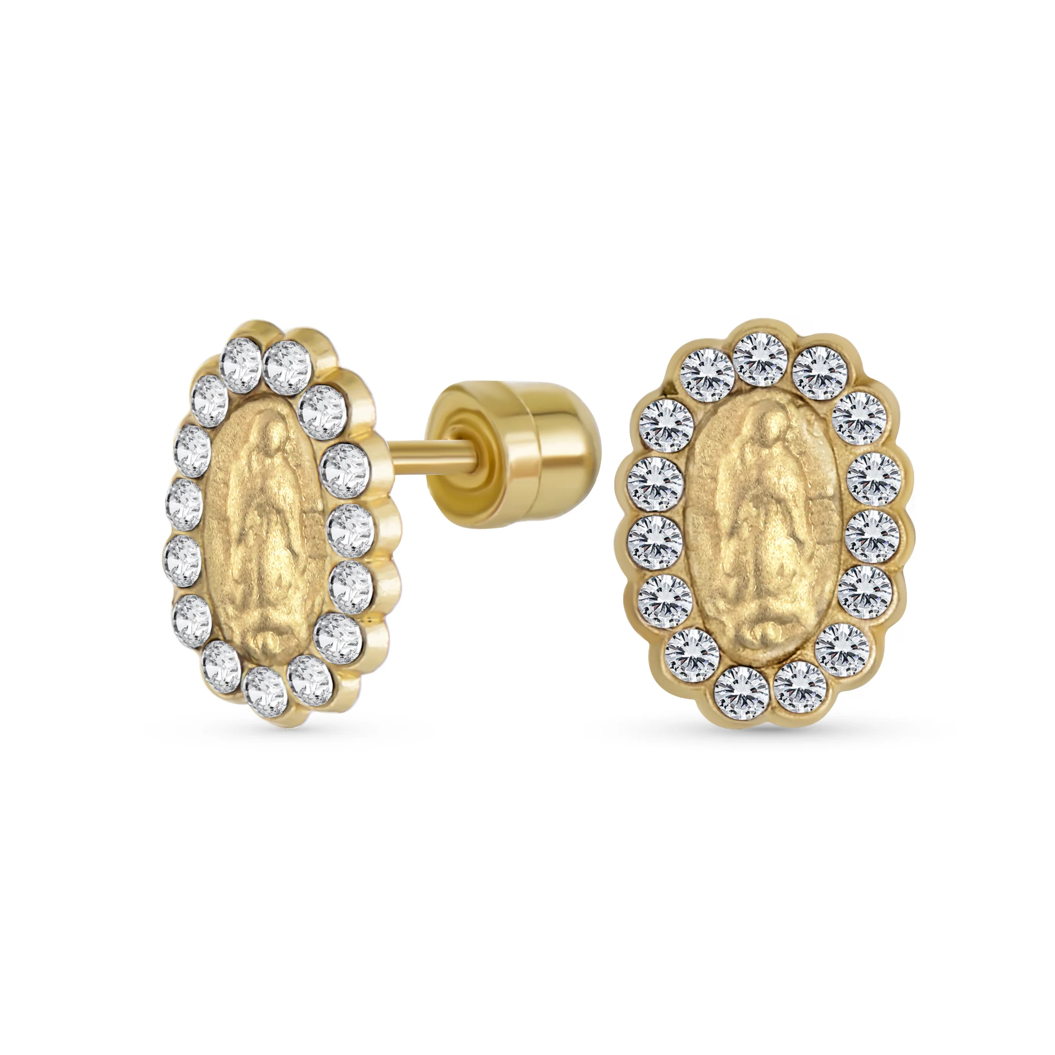 Tiny CZ Halo Religious Oval Medallion Style 14K Gold Virgin Mary Stud Earrings