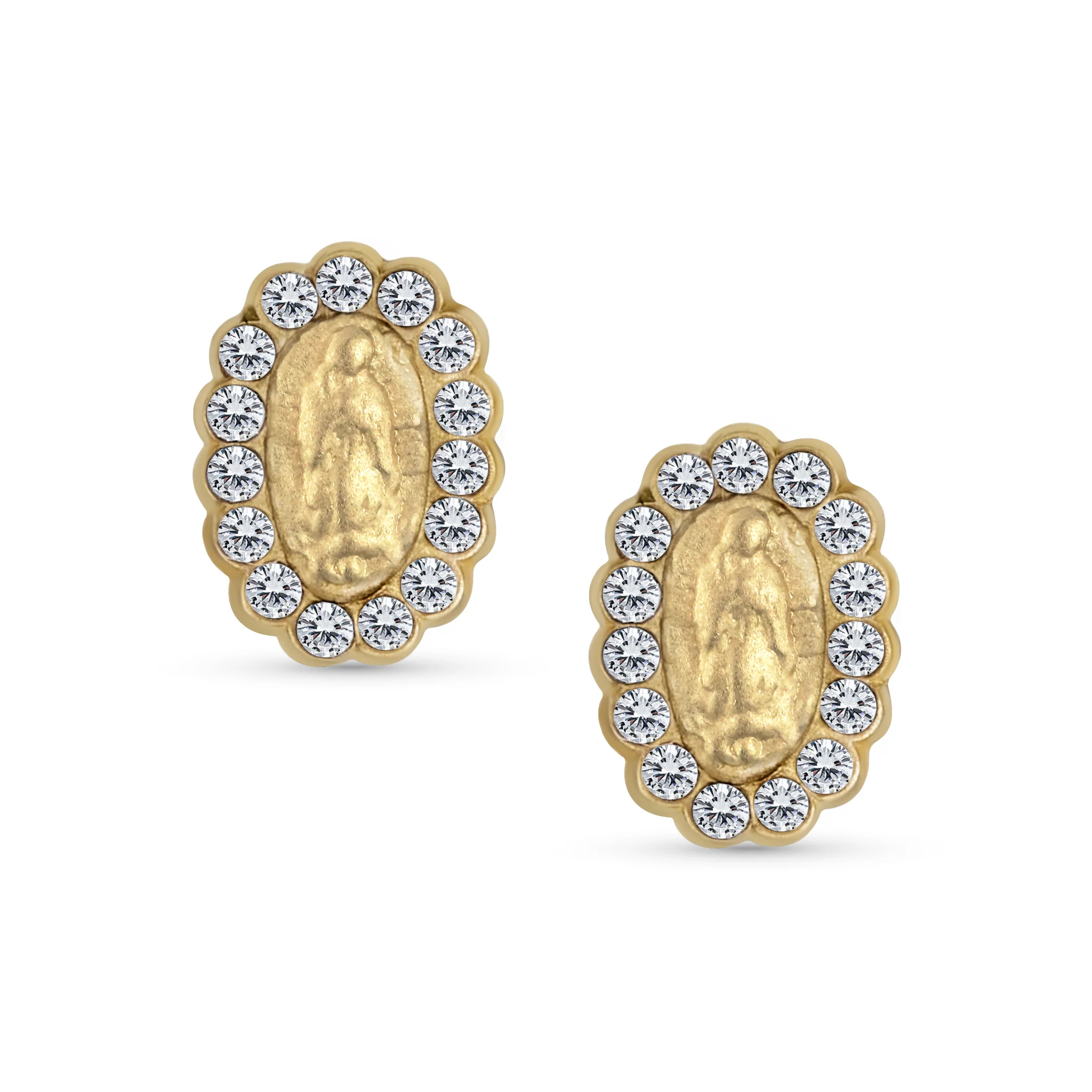 Tiny CZ Halo Religious Oval Medallion Style 14K Gold Virgin Mary Stud Earrings - Image 2