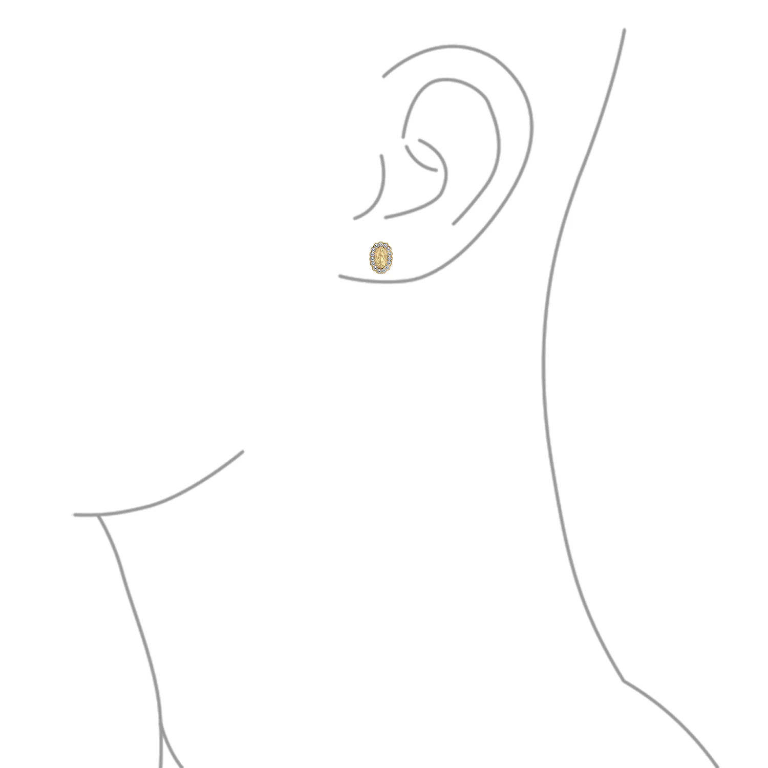 Tiny CZ Halo Religious Oval Medallion Style 14K Gold Virgin Mary Stud Earrings - Image 3