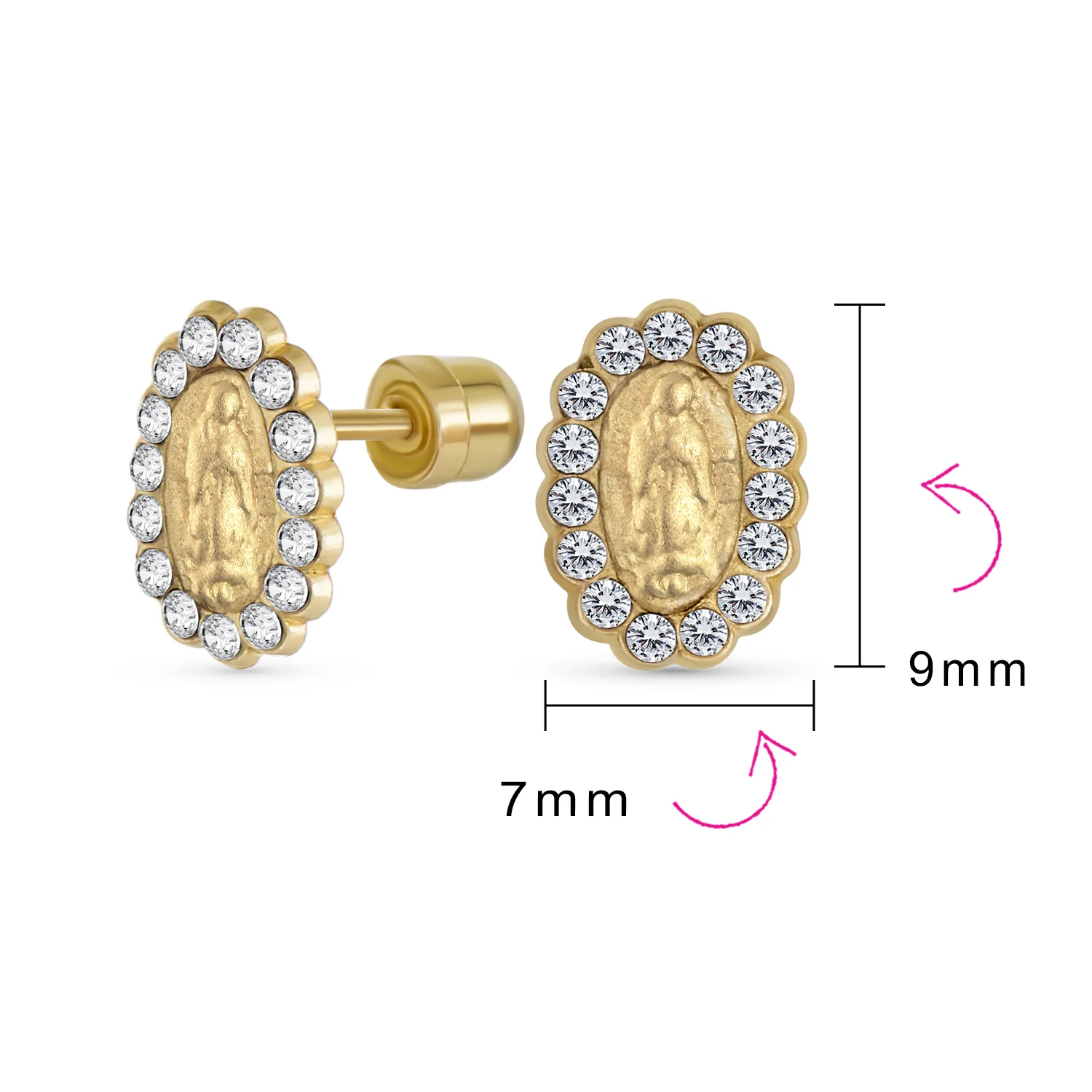 Tiny CZ Halo Religious Oval Medallion Style 14K Gold Virgin Mary Stud Earrings - Image 4