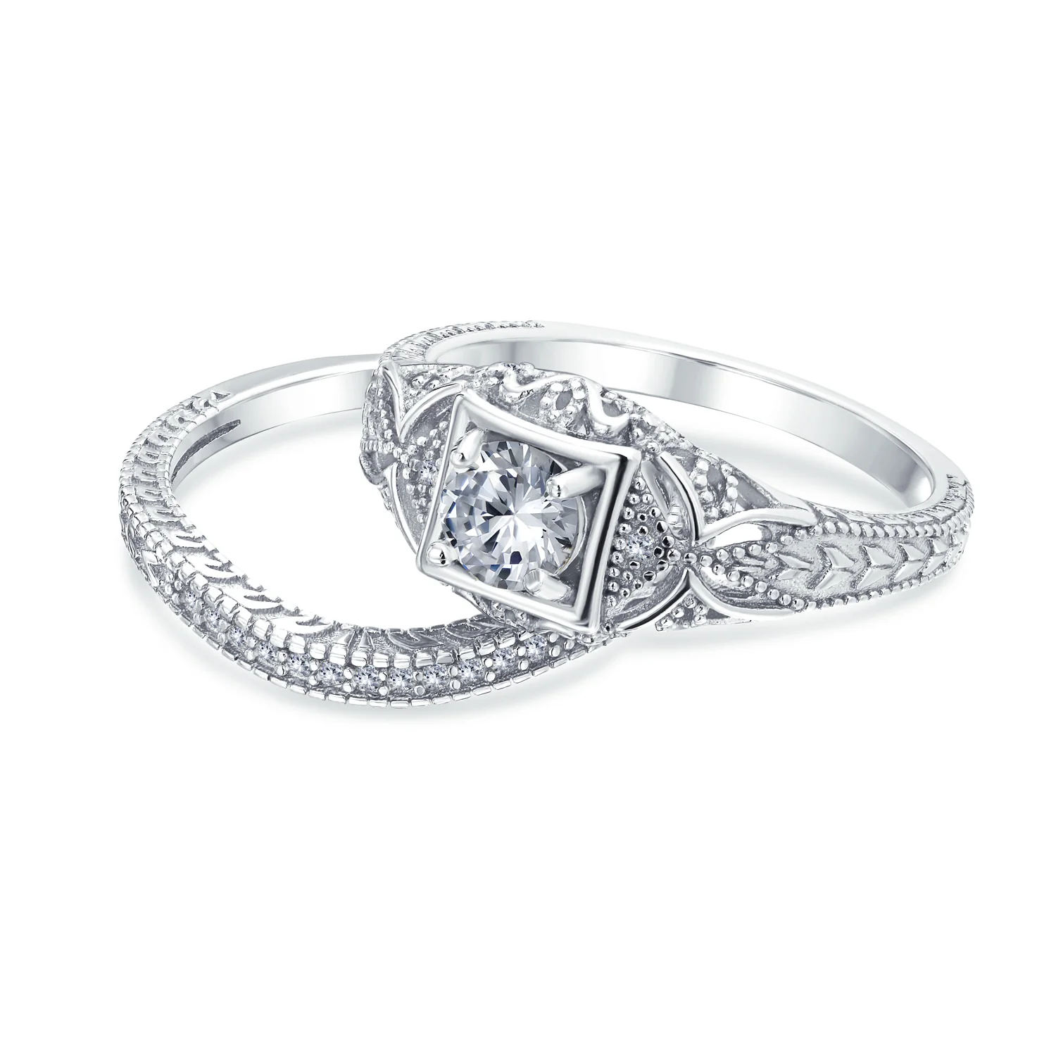 Victorian Art Deco 1CTW Solitaire CZ Bridal Statement Ring Set Sterling Silver - Image 3