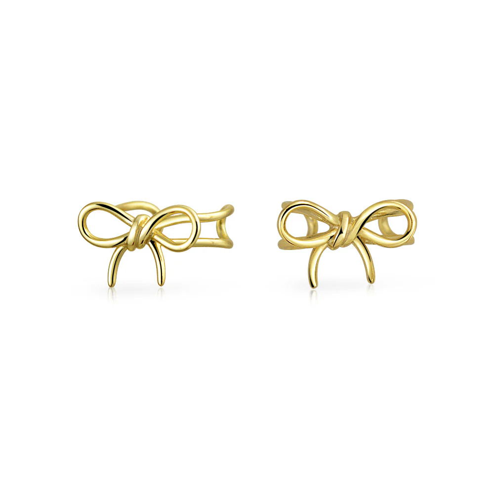Dainty Ribbon Ear Cuff Bow Cartilage Wrap Earrings Non-Pierced Gold Plated .925 Sterling Silver