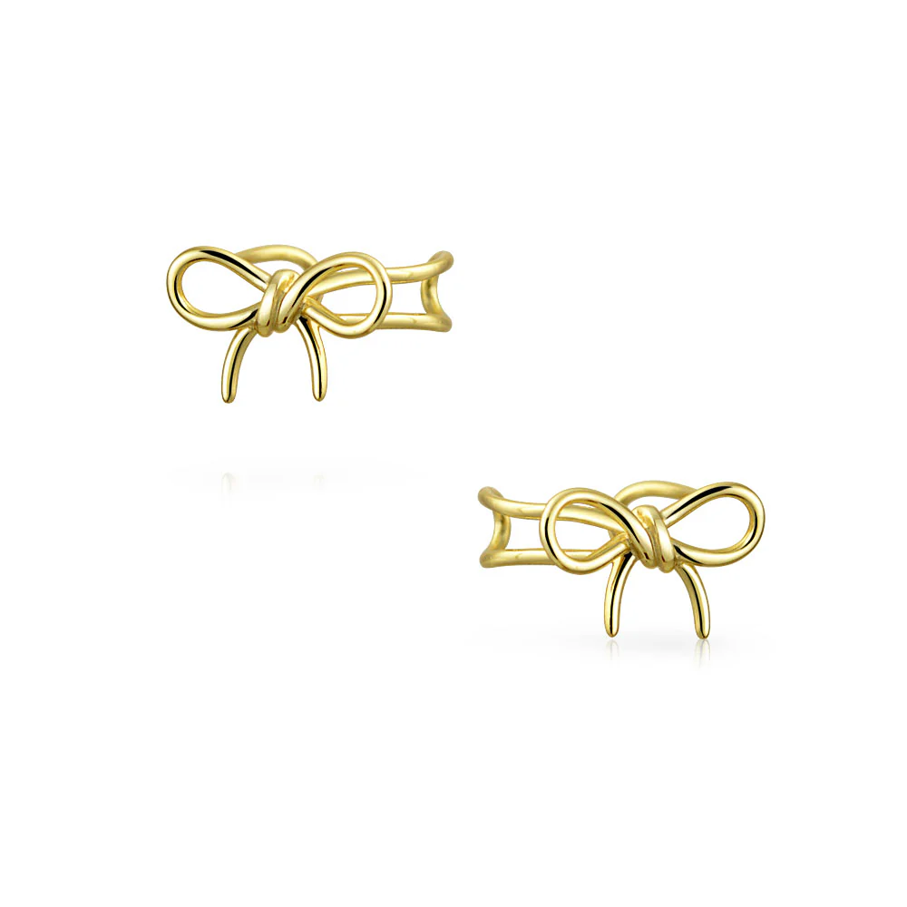 Dainty Ribbon Ear Cuff Bow Cartilage Wrap Earrings Non-Pierced Gold Plated .925 Sterling Silver - Image 3