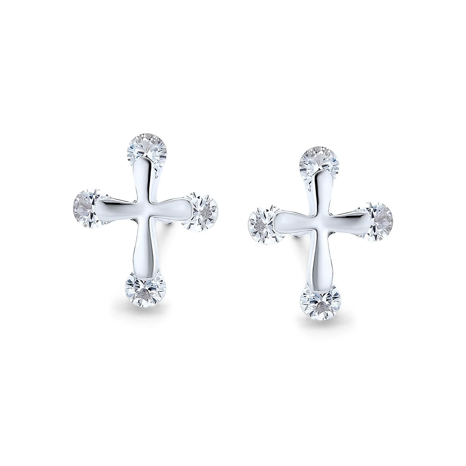 Dainty CZ Stud Earrings with Petite Religious Cross for Men in Sterling Silver - Image 2