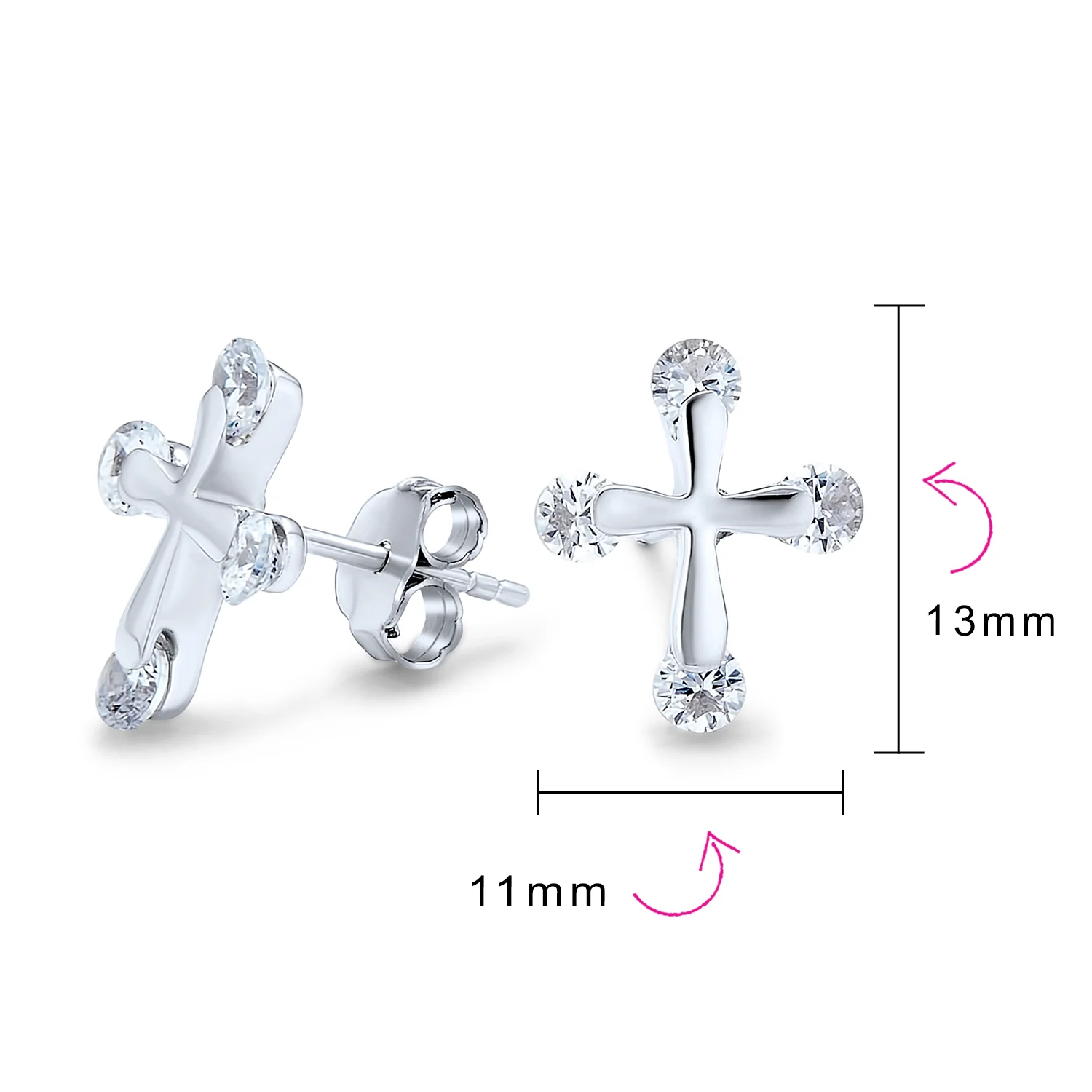 Dainty CZ Stud Earrings with Petite Religious Cross for Men in Sterling Silver - Image 4