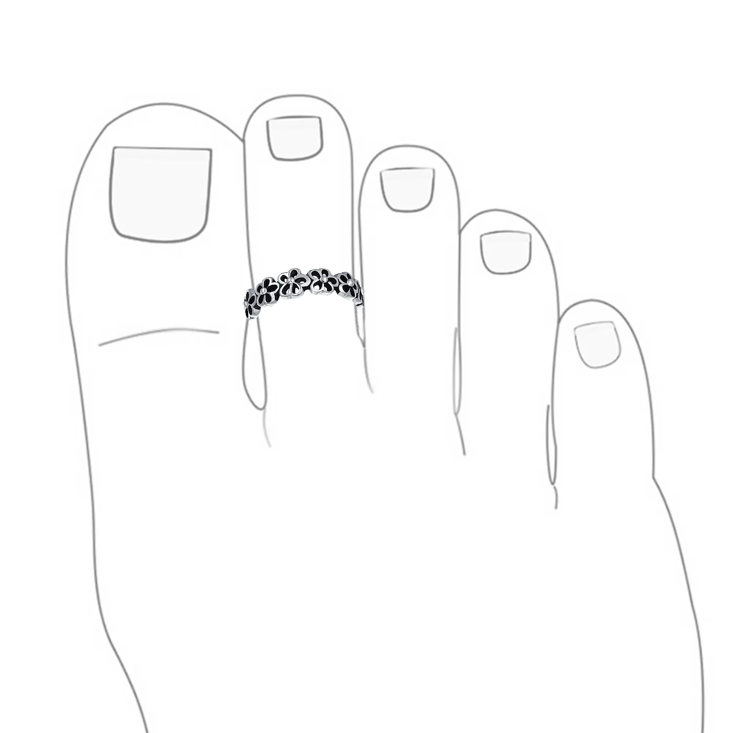 Set of 2 Daisy Flower and Black Rose Midi Band Toe Ring Oxidized Sterling Silver - Image 3