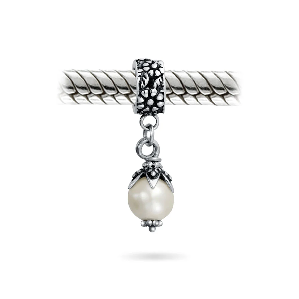 Leaf Cap Pearl Dangle Charm Bead in Sterling Silver for European Bracelets - Image 2