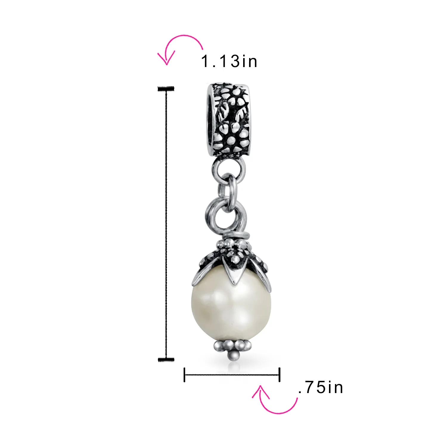 Leaf Cap Pearl Dangle Charm Bead in Sterling Silver for European Bracelets - Image 3