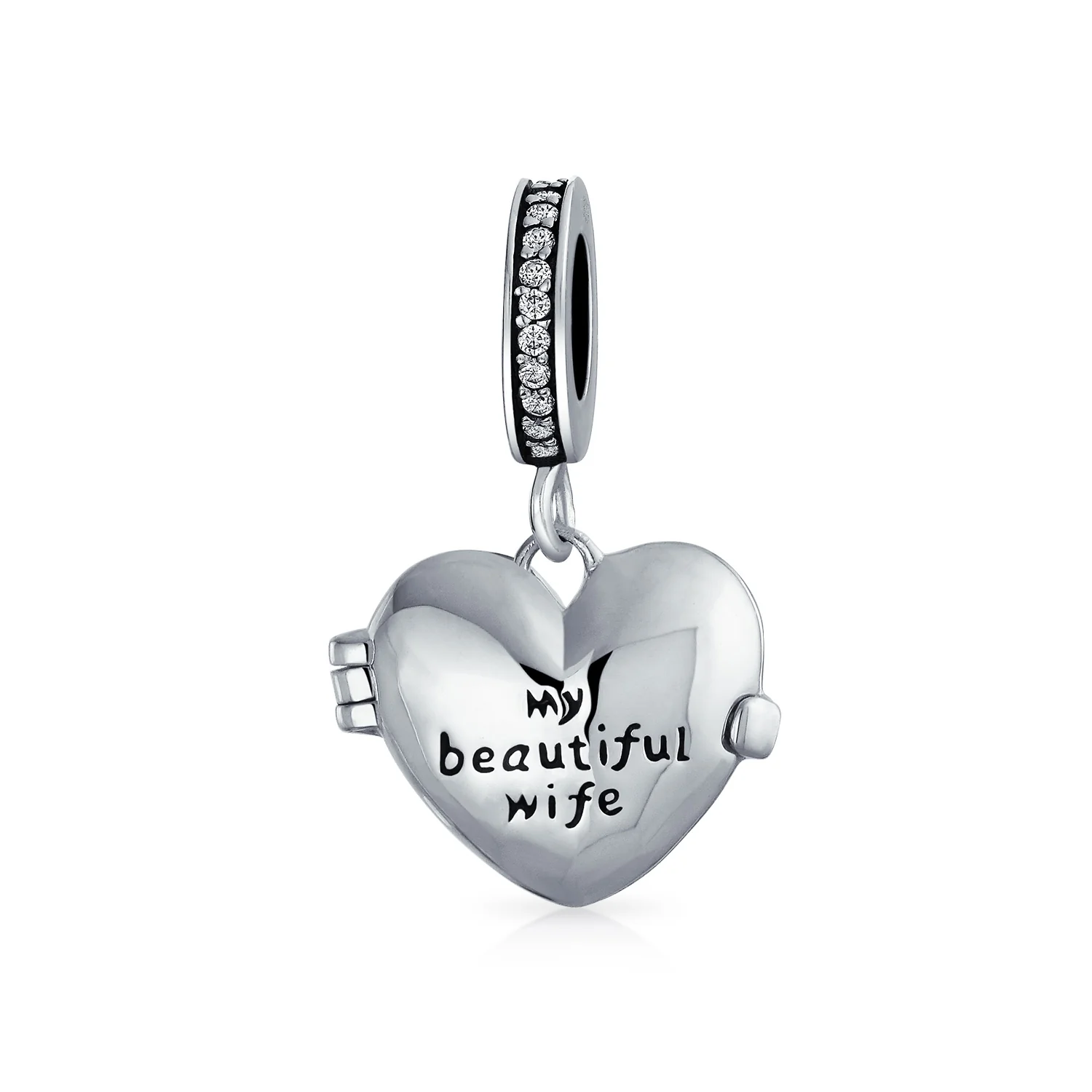 Words Saying MY BEAUTIFUL WIFE Dangle Charm Bead Heart Locket Sterling Silver