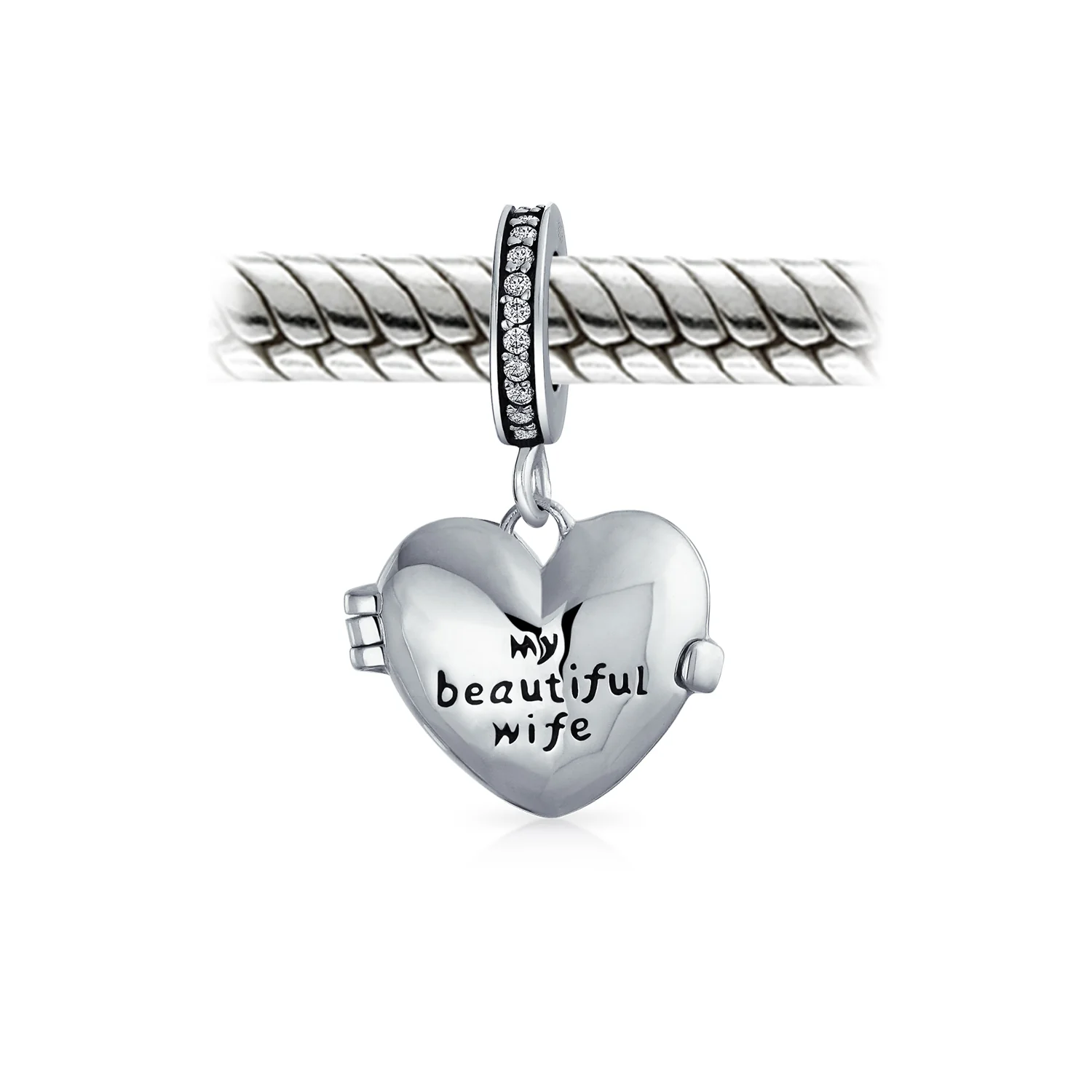 Words Saying MY BEAUTIFUL WIFE Dangle Charm Bead Heart Locket Sterling Silver - Image 3