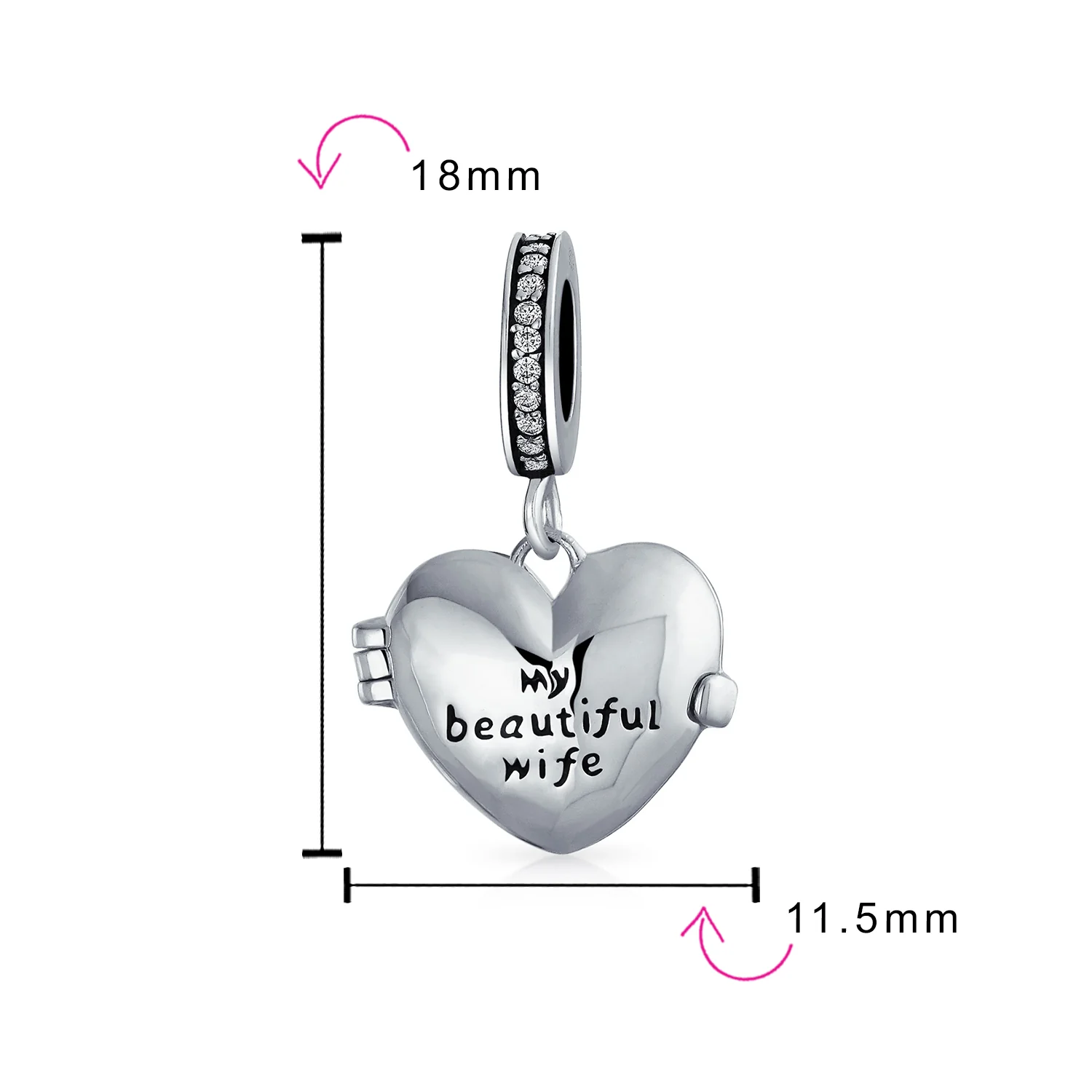Words Saying MY BEAUTIFUL WIFE Dangle Charm Bead Heart Locket Sterling Silver - Image 5