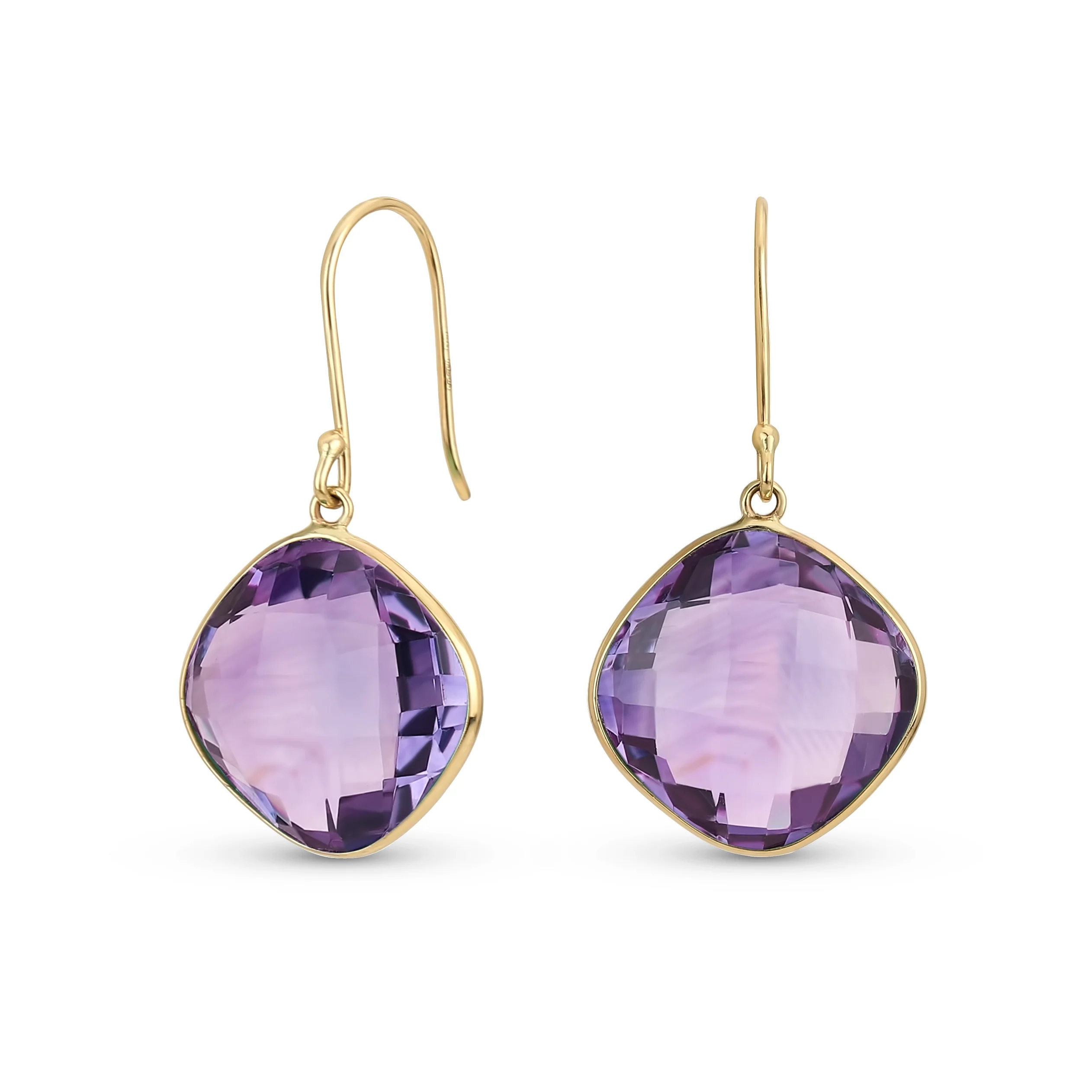 Classic 10K Yellow Gold Amethyst Faceted Briolette Bezel Set Square Dangle Drop Earrings Fish Hook