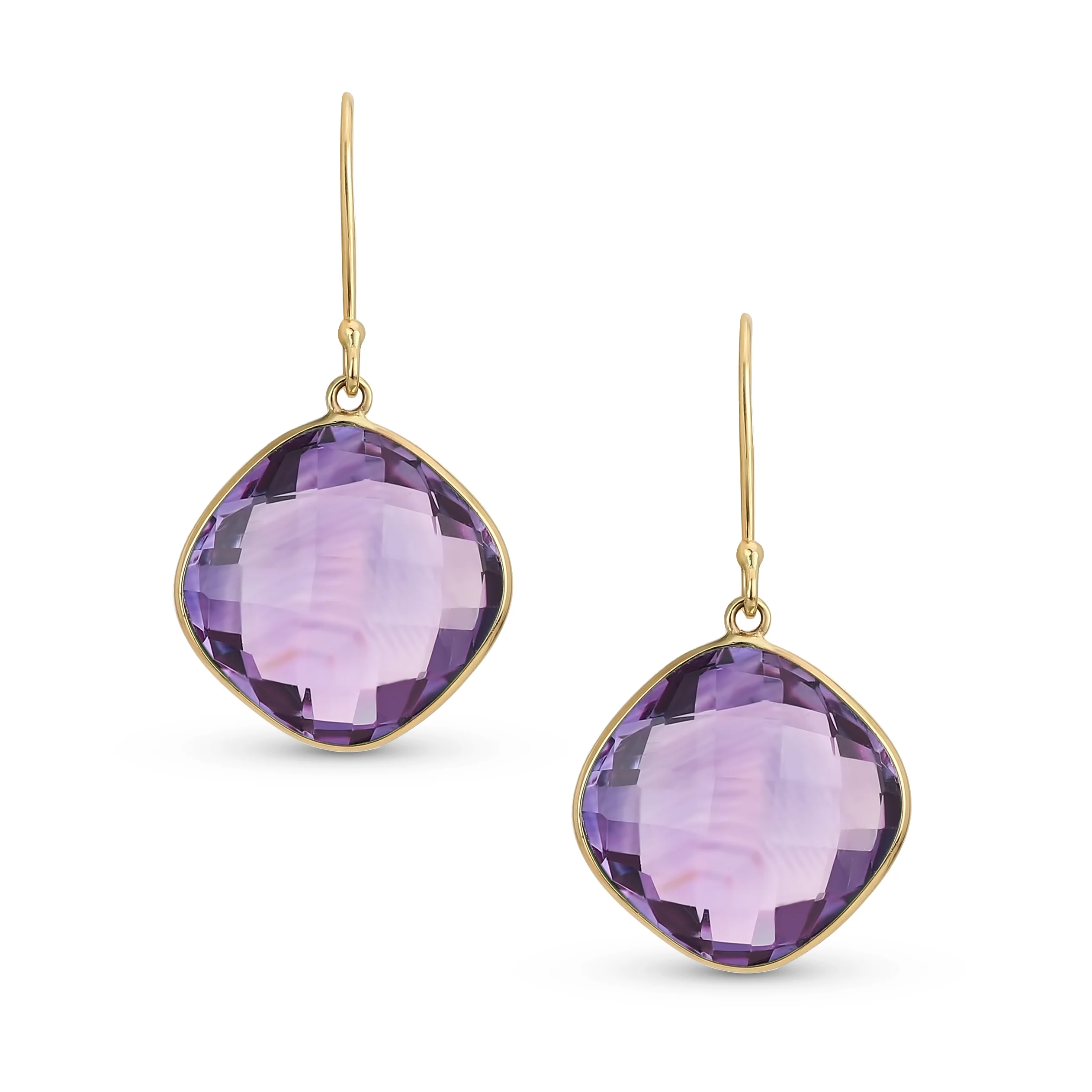 Classic 10K Yellow Gold Amethyst Faceted Briolette Bezel Set Square Dangle Drop Earrings Fish Hook - Image 3