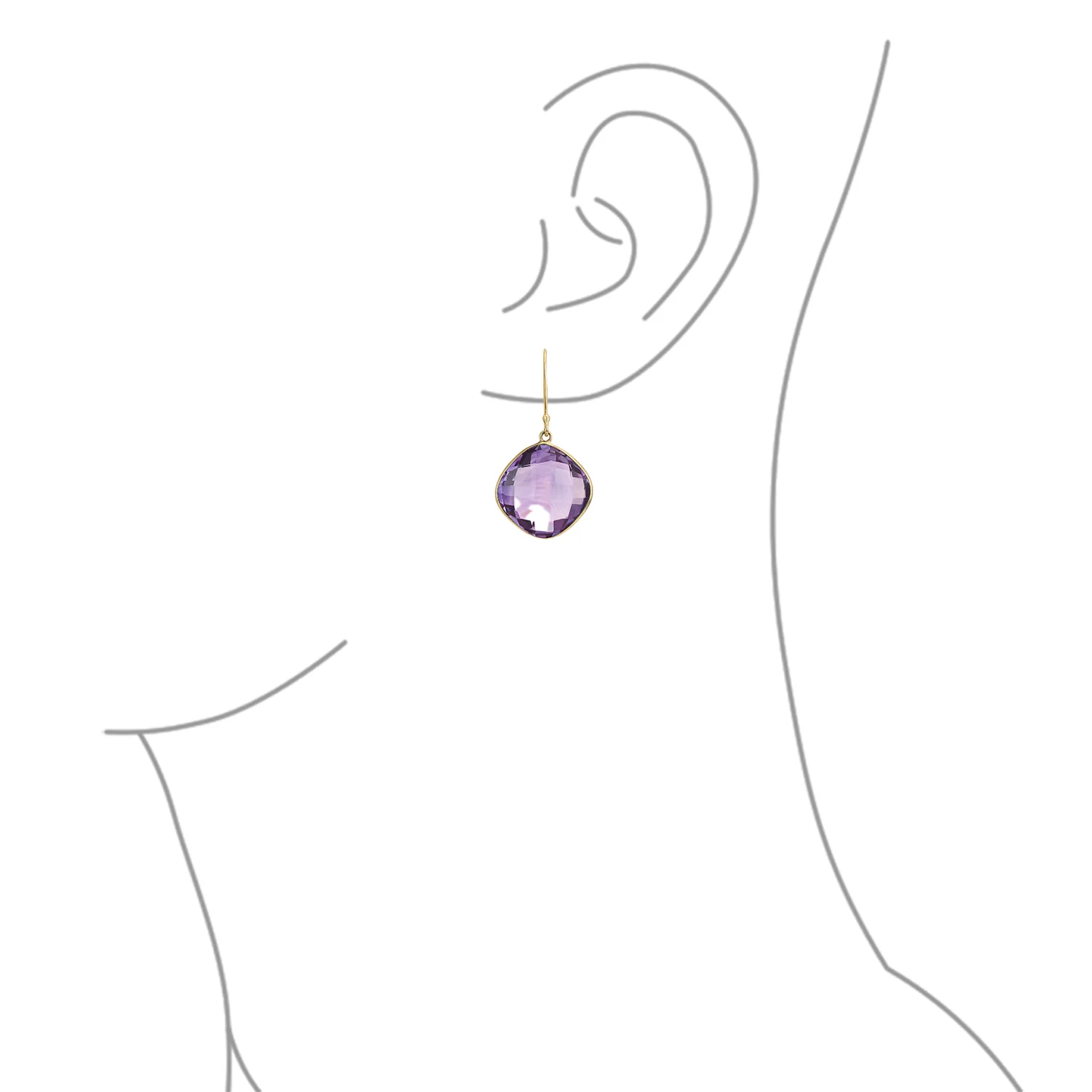 Classic 10K Yellow Gold Amethyst Faceted Briolette Bezel Set Square Dangle Drop Earrings Fish Hook - Image 5
