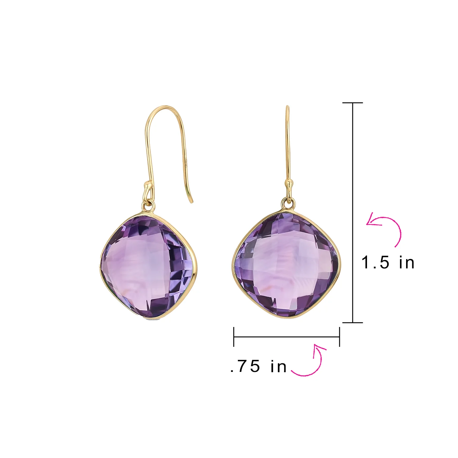 Classic 10K Yellow Gold Amethyst Faceted Briolette Bezel Set Square Dangle Drop Earrings Fish Hook - Image 7