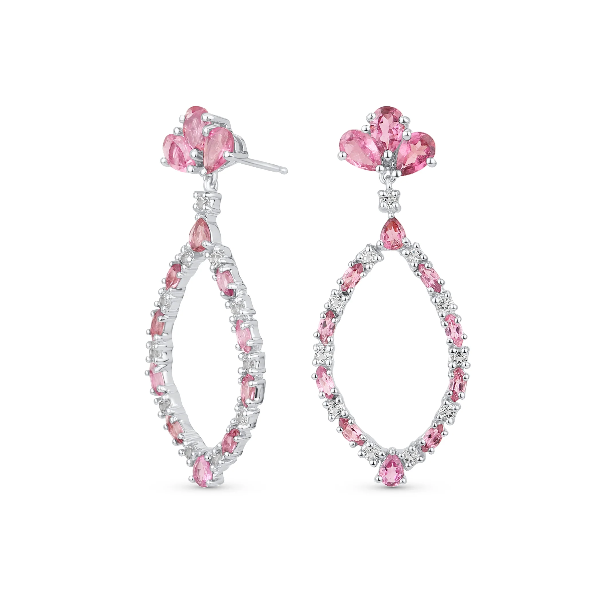 Cocktail Style Pink Tourmaline Large Open Teardrops Chandelier Earrings .925 Sterling Silver