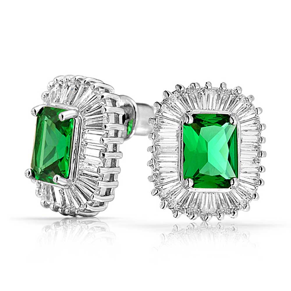 Art Deco Style Cocktail Cubic Zirconia CZ Baguette Halo Emerald Green Cut Statement Stud Earrings