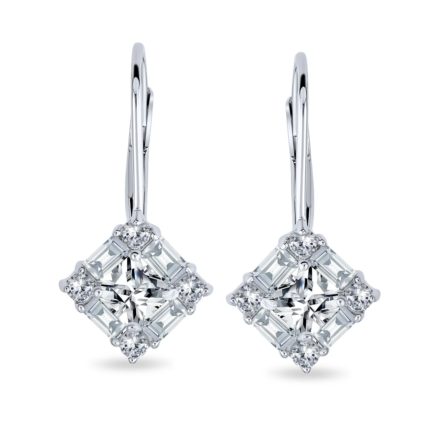 Deco Style CZ Baguette Lever back Drop Earrings Prom Sterling Silver - Image 2