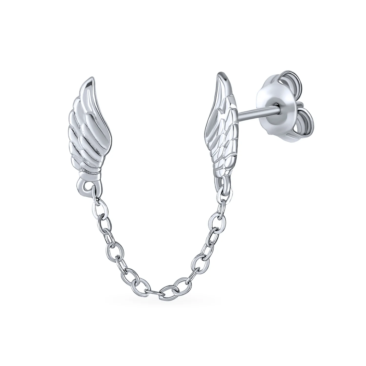Delicate Angel Wing Feather Stud Earrings with Chain Silver Double Piercing
