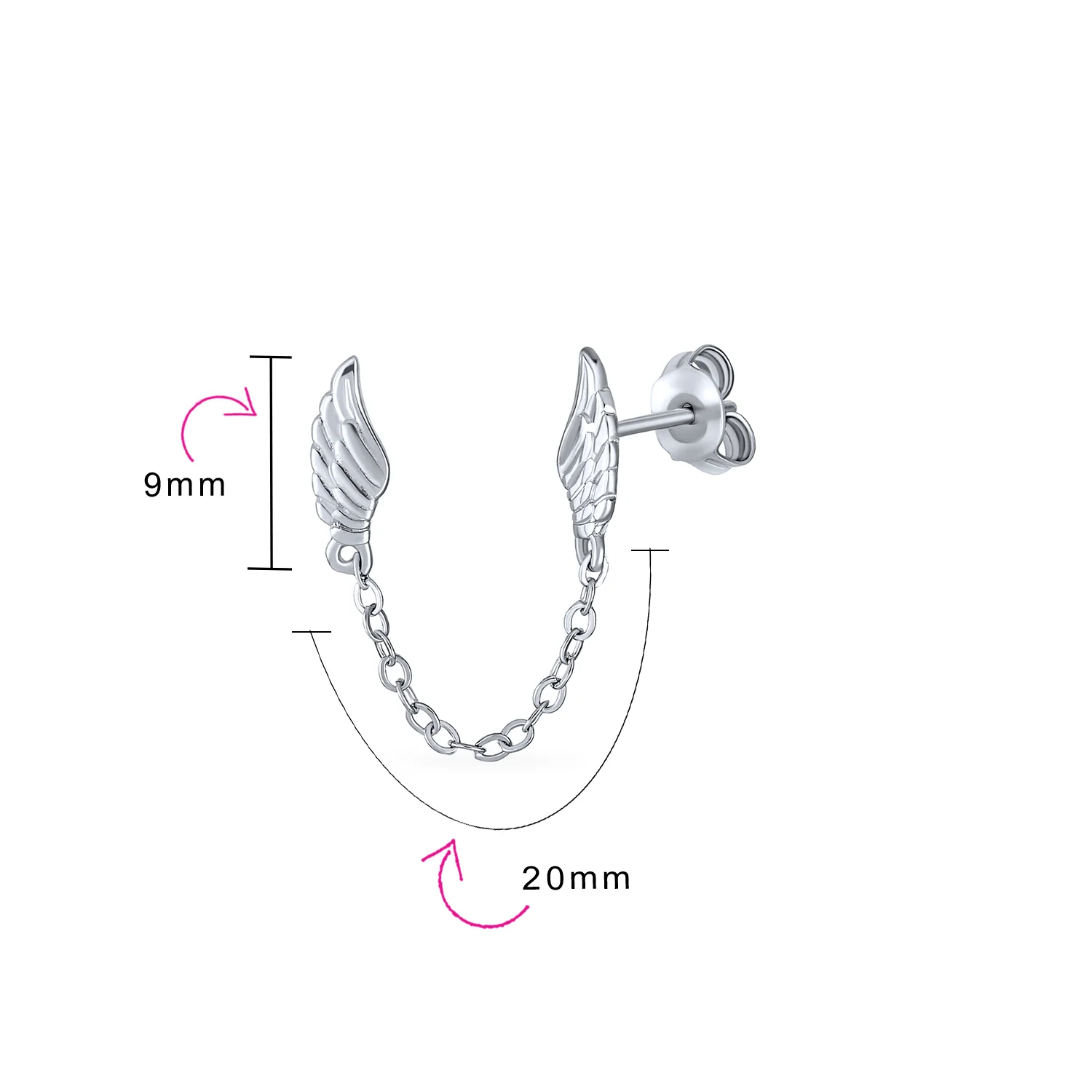 Delicate Angel Wing Feather Stud Earrings with Chain Silver Double Piercing - Image 3