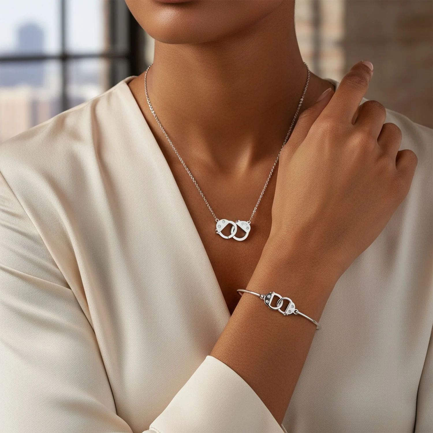 Delicate CZ Accent Handcuff Pendant Necklace & Bangle Bracelet Sterling Silver - Image 2