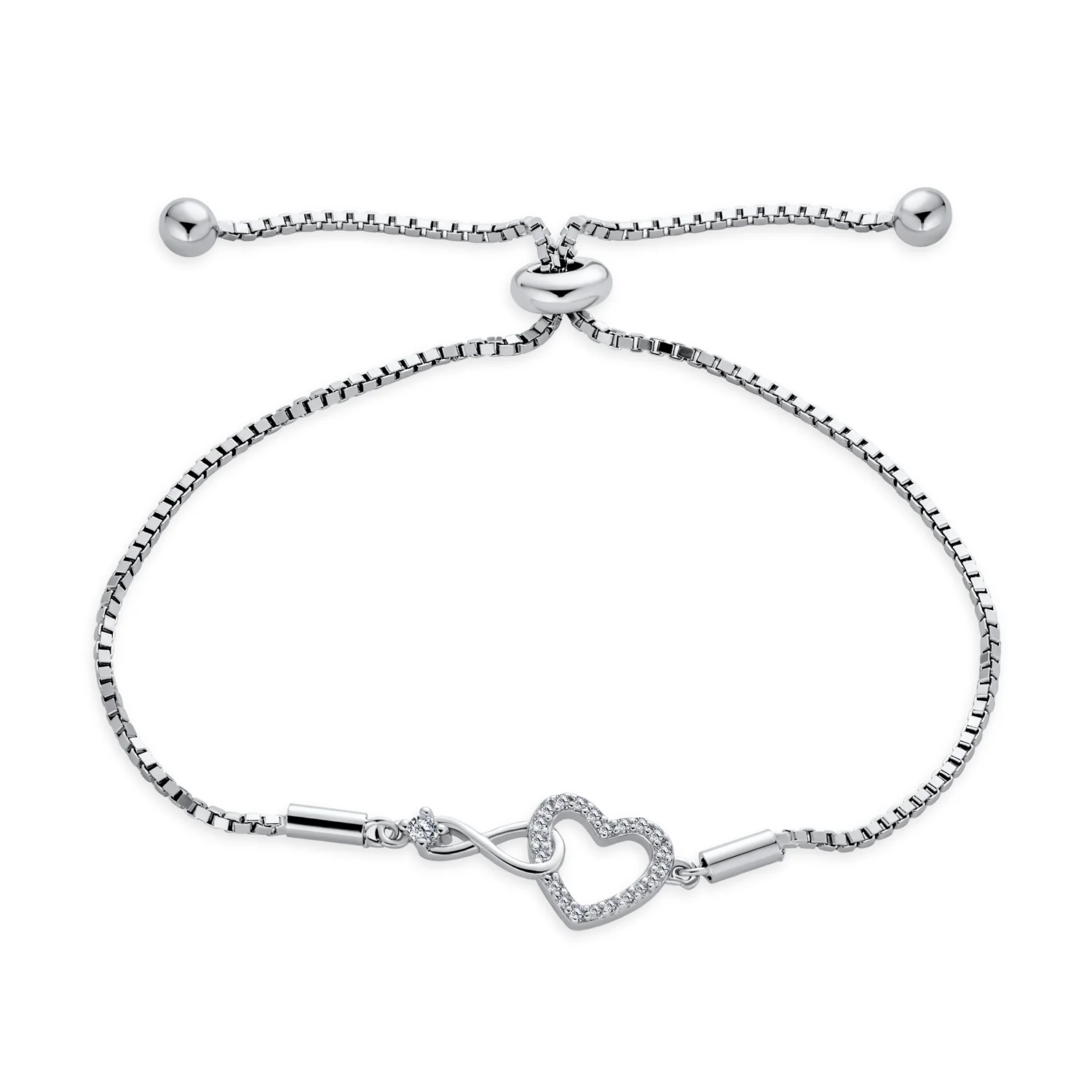 Romantic Delicate CZ Accent Infinity & Heart Bolo Bracelet Sterling Silver Adjustable Slide