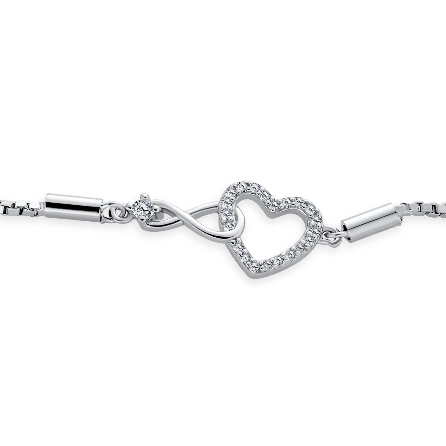 Romantic Delicate CZ Accent Infinity & Heart Bolo Bracelet Sterling Silver Adjustable Slide - Image 2