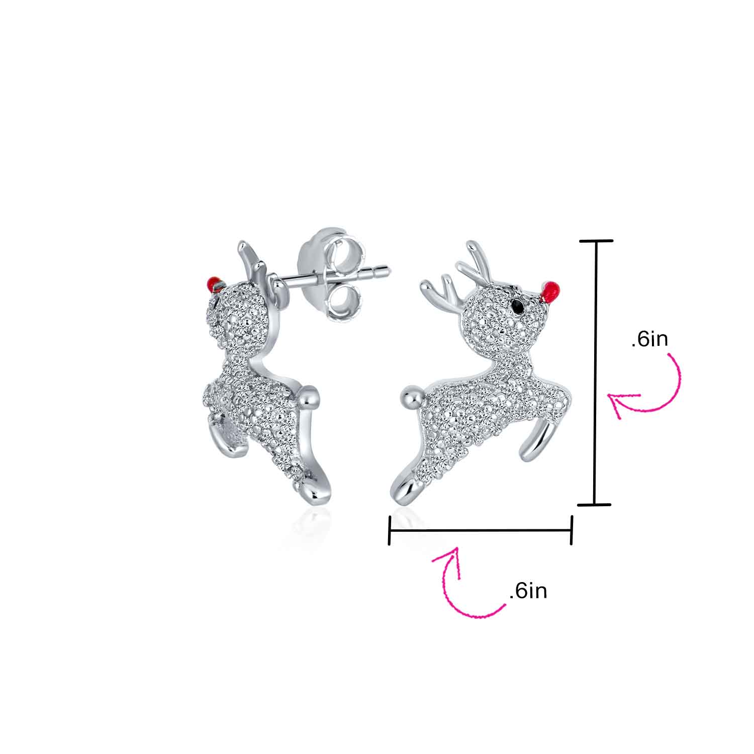 Delicate CZ Stud Earrings: Sterling Silver Rudolph Reindeer with Red Nose - Image 4
