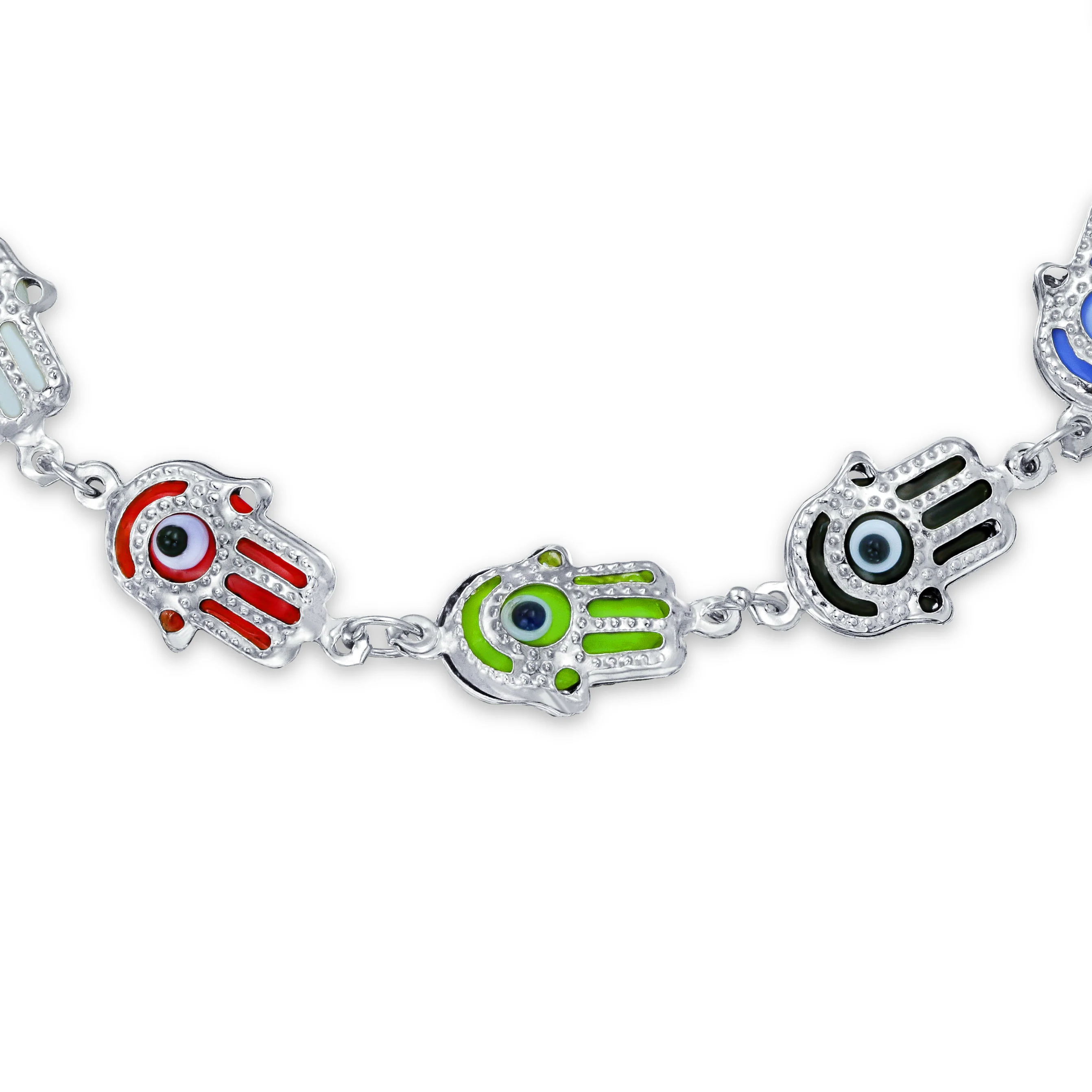 Spiritual Colorful Hamsa Hand & Evil Eye Charms Strand Bracelet Sterling Silver - Image 2