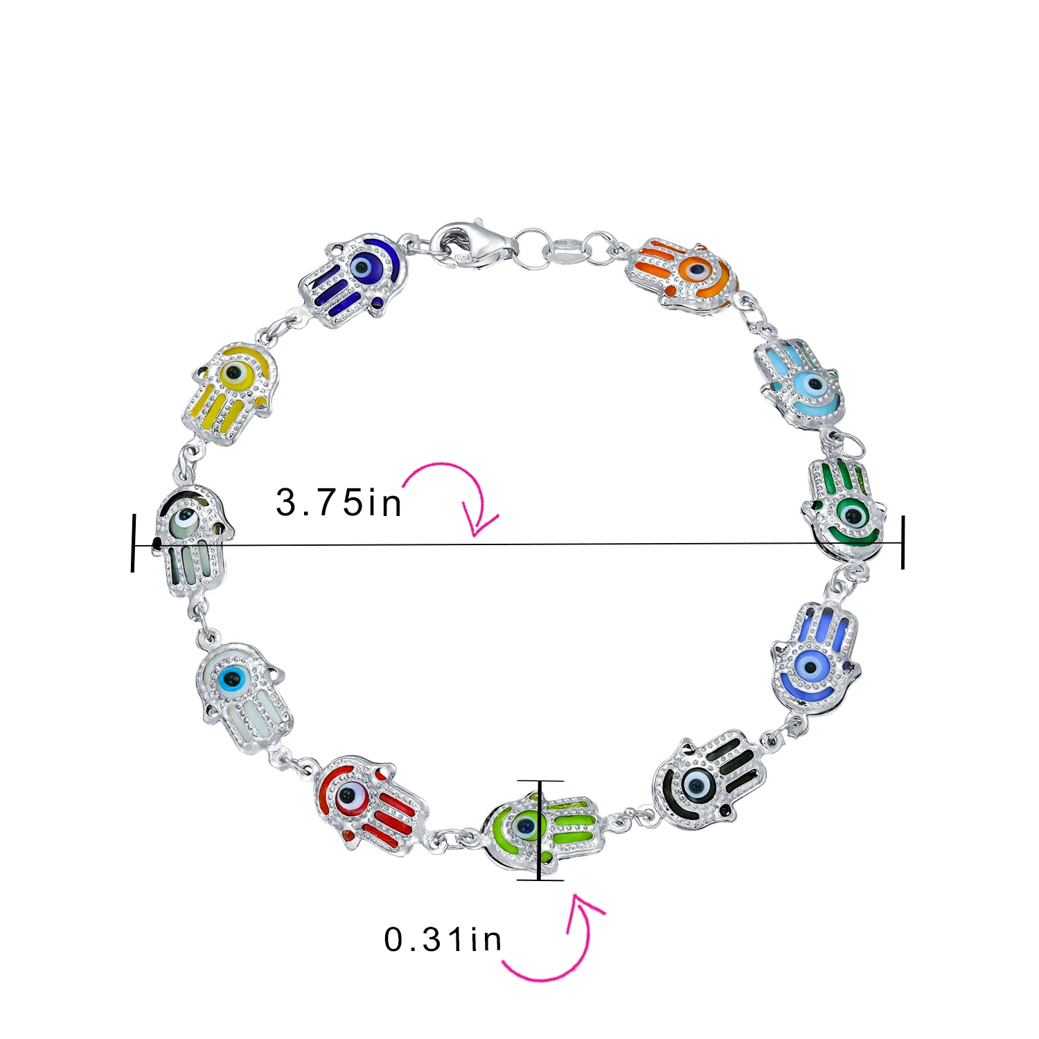 Spiritual Colorful Hamsa Hand & Evil Eye Charms Strand Bracelet Sterling Silver - Image 4