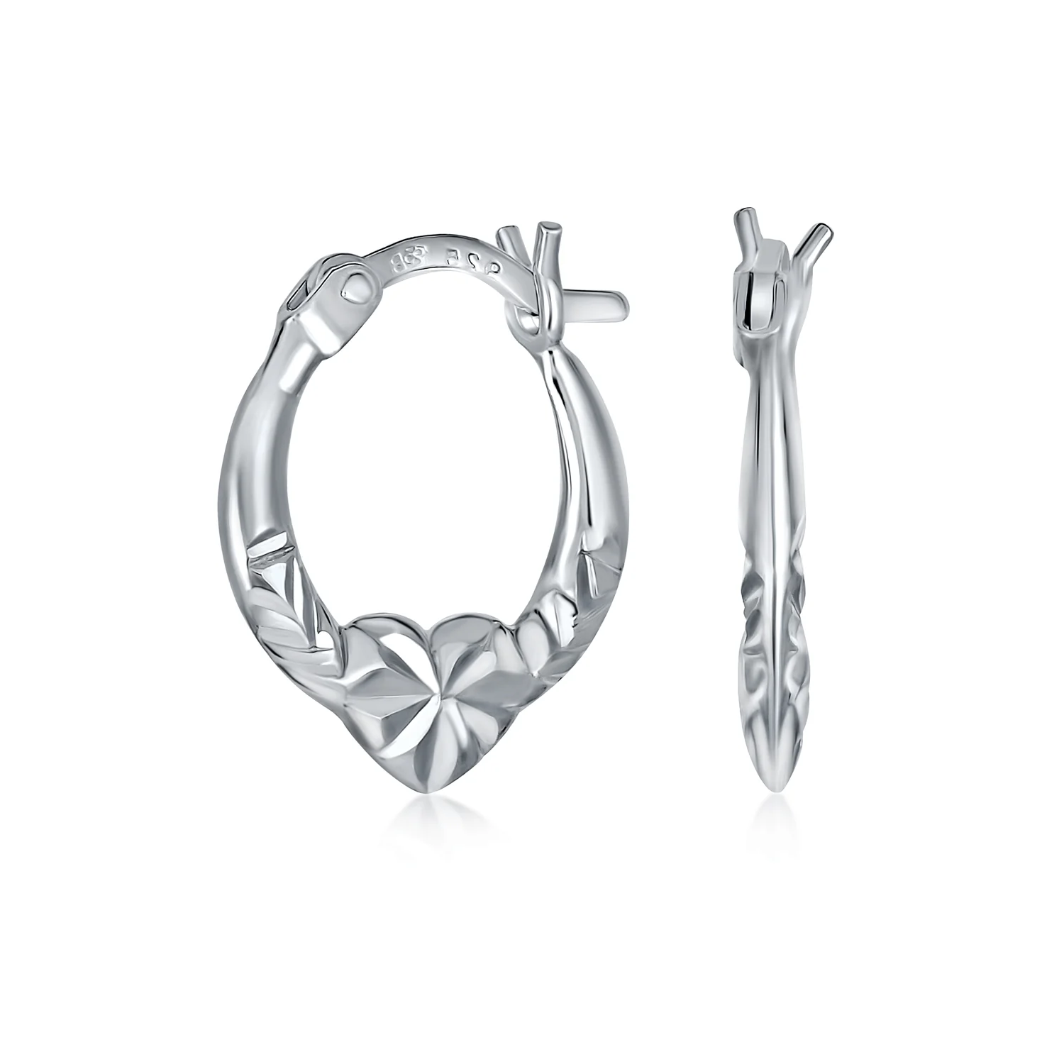 Romantic Love Heart Hoop Earrings Diamond-Cut Sterling Silver 0.5 Inch Dia