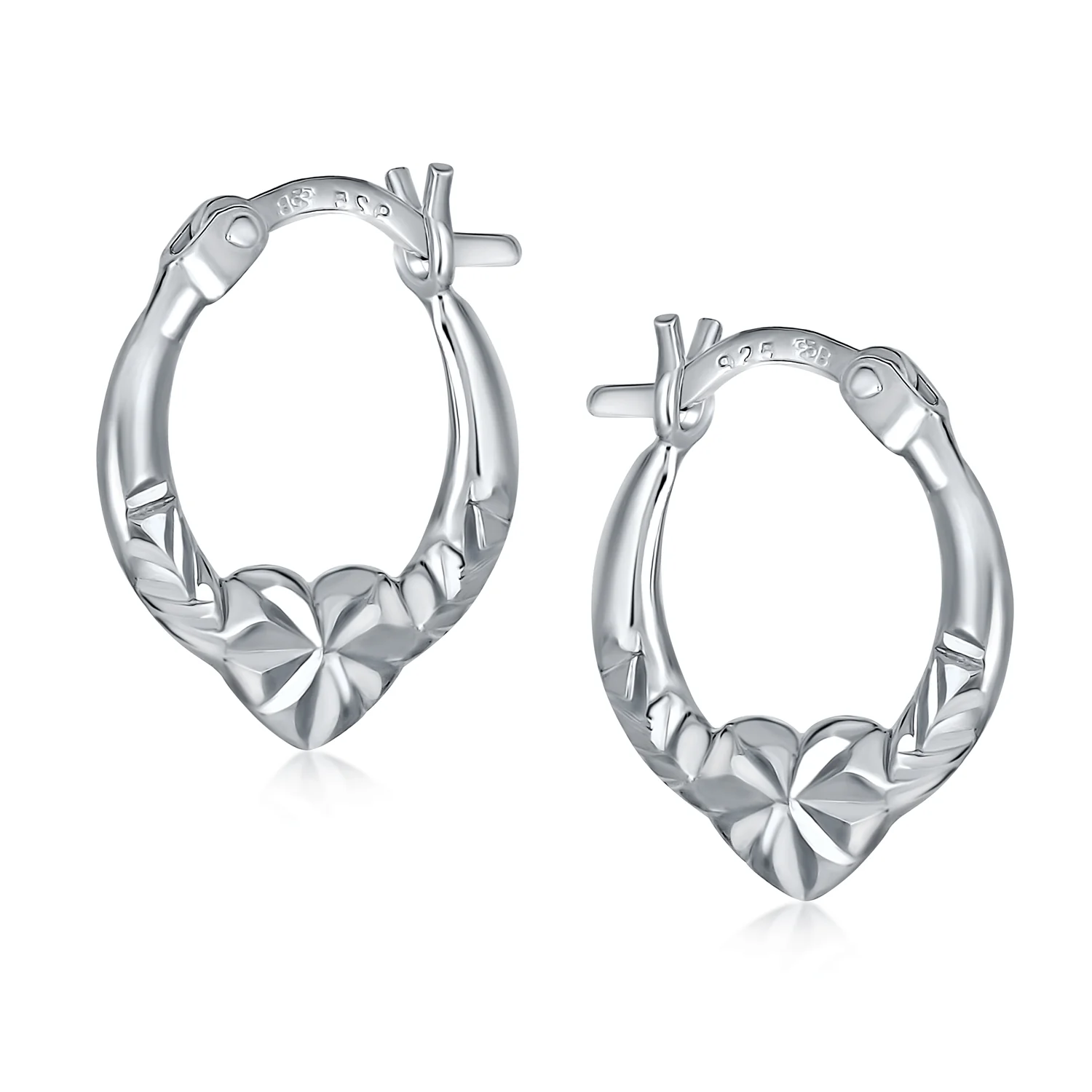 Romantic Love Heart Hoop Earrings Diamond-Cut Sterling Silver 0.5 Inch Dia - Image 2