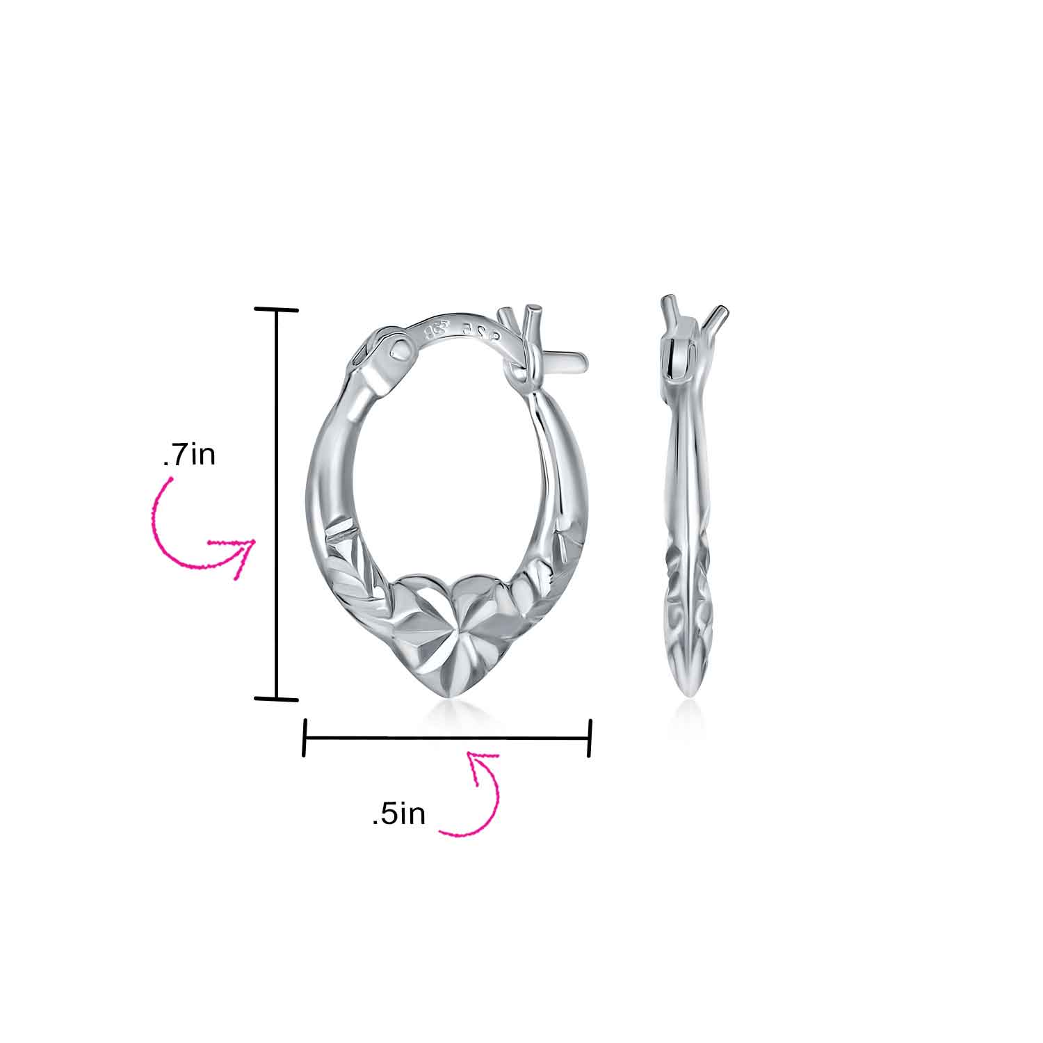 Romantic Love Heart Hoop Earrings Diamond-Cut Sterling Silver 0.5 Inch Dia - Image 4