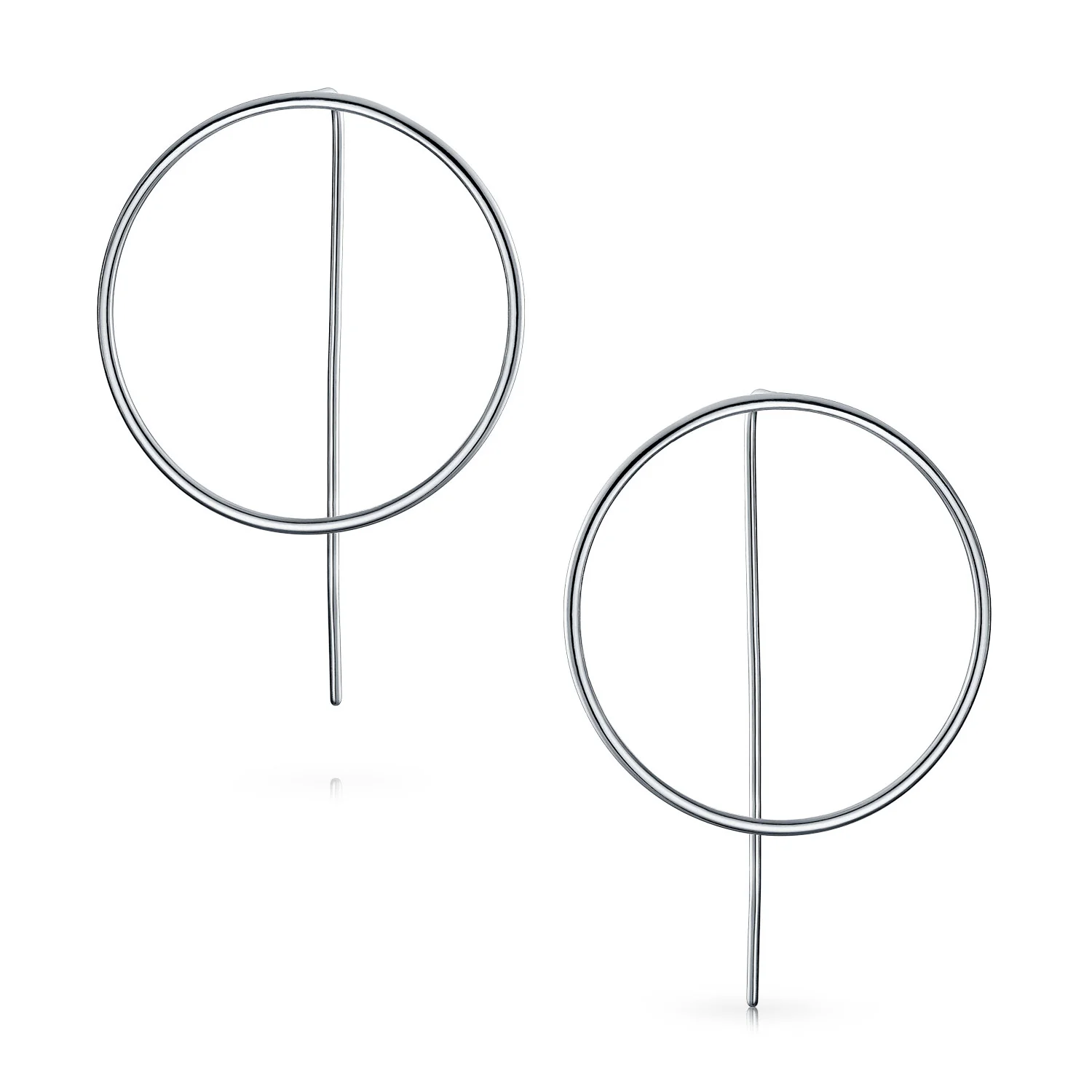 Modern Minimalist Geometric Round Open Circle Hoop Threader Earrings .925 Sterling Silver - Image 2