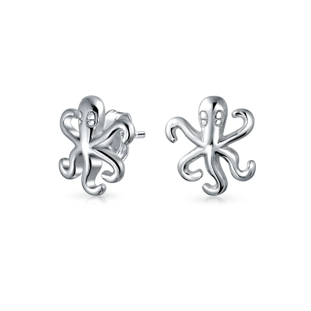 Tiny Nautical Ocean Marine Life Squid Octopus Stud Earrings .925 Sterling Silver