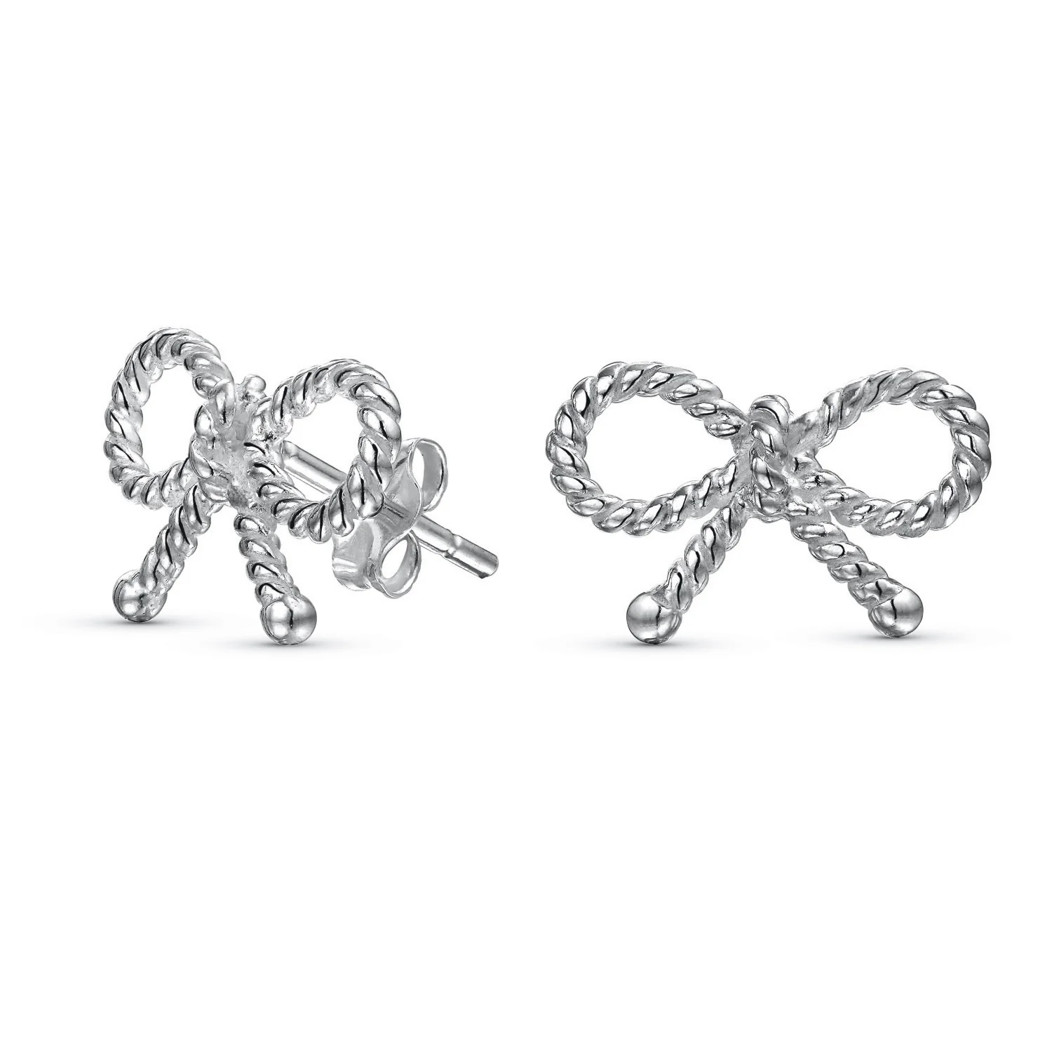 Simple Thin Twist Rope Cable Ribbon Bow Stud Earrings Rose Gold Plated Silver
