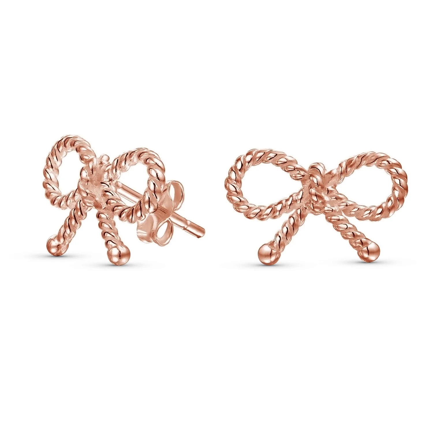 Simple Thin Twist Rope Cable Ribbon Bow Stud Earrings Rose Gold Plated Silver - Image 2