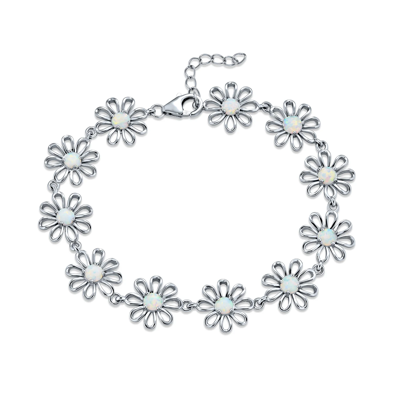 White Created Opal Multi Daisy Charms Sation Link Bracelet Sterling Silver 7.5 Inch