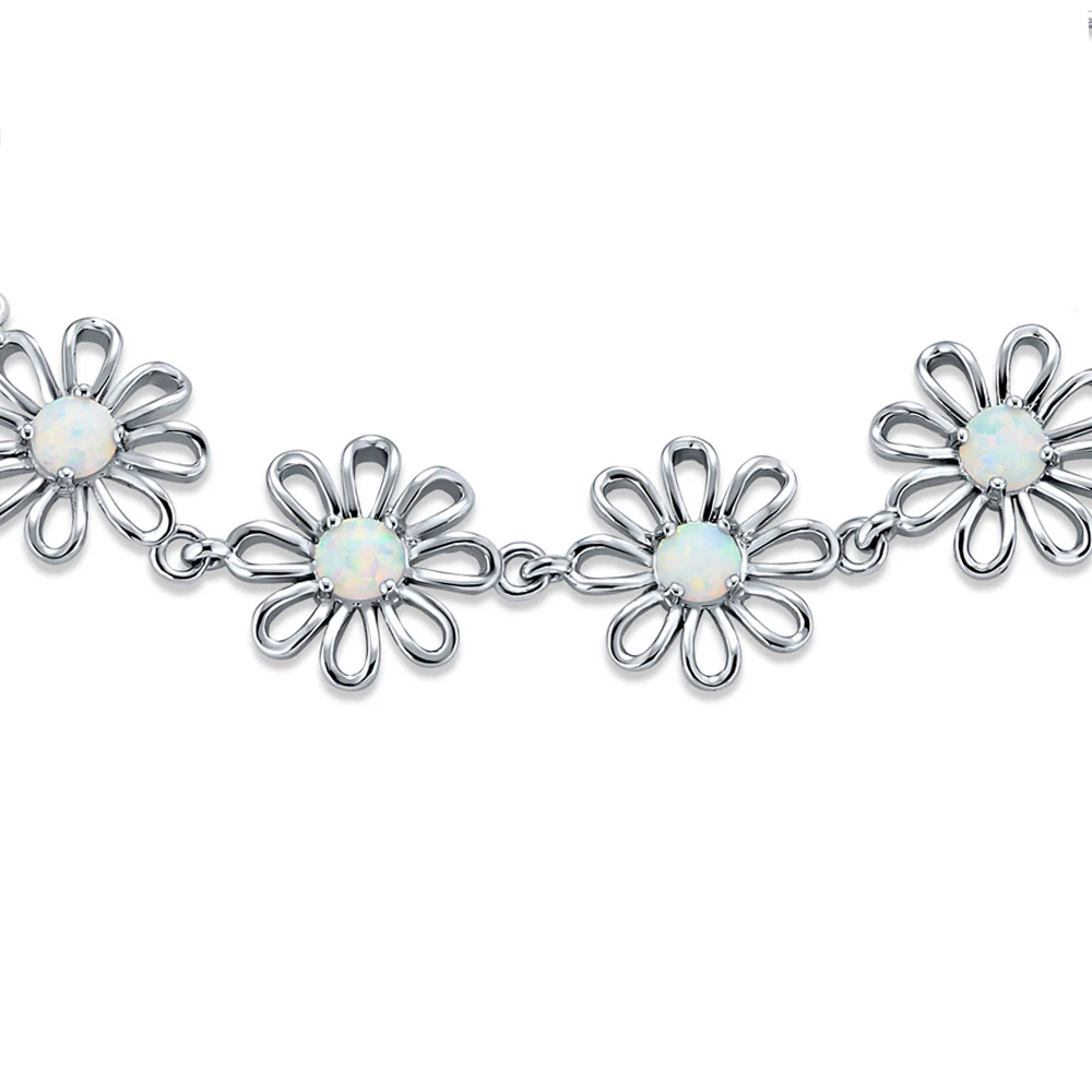 White Created Opal Multi Daisy Charms Sation Link Bracelet Sterling Silver 7.5 Inch - Image 2