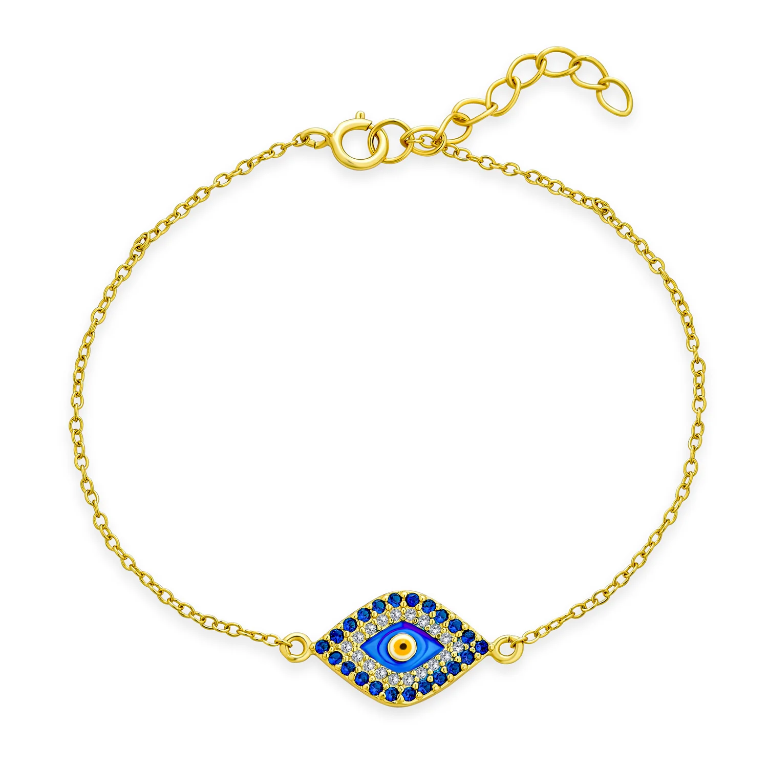 Delicate Tiny Evil Eye Charm Bracelet Pave CZ Accent Gold Plated .925 Sterling Silver