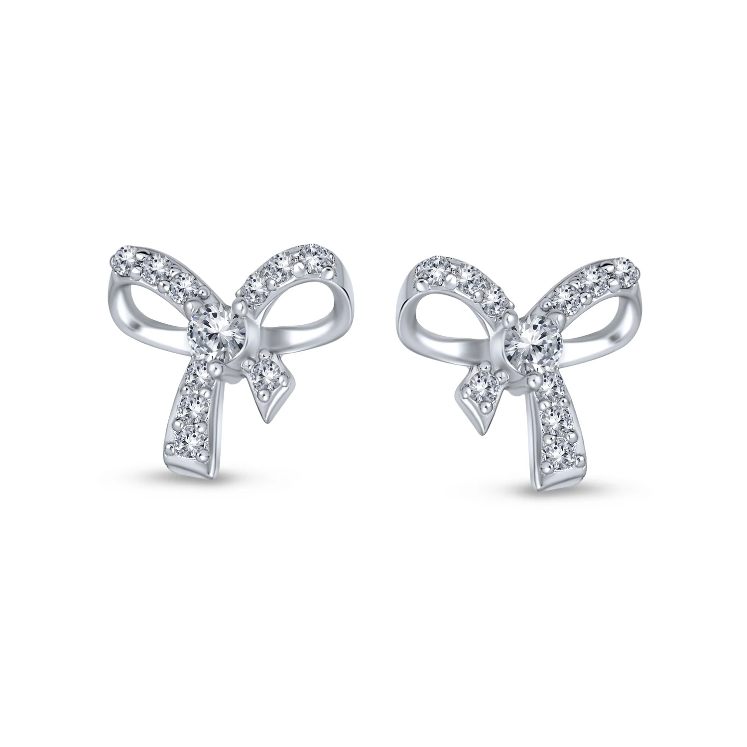 Tiny Dainty Ribbon Pave CZ Small Bow Stud Earrings .925 Sterling Silver - Image 2