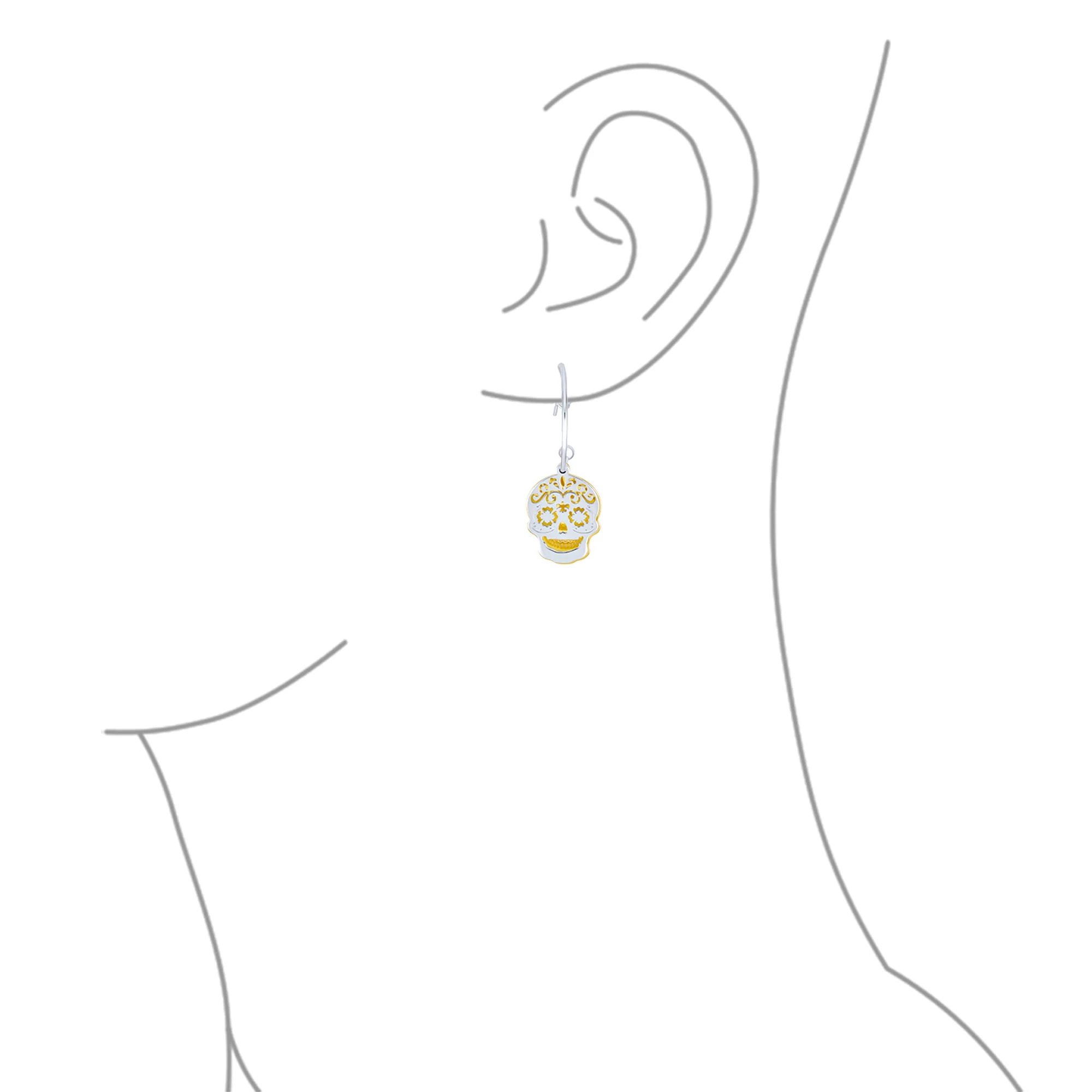 Dia de los Muertos Hoop Huggie Earrings Gold-Plated Sterling Silver Skull Design - Image 3